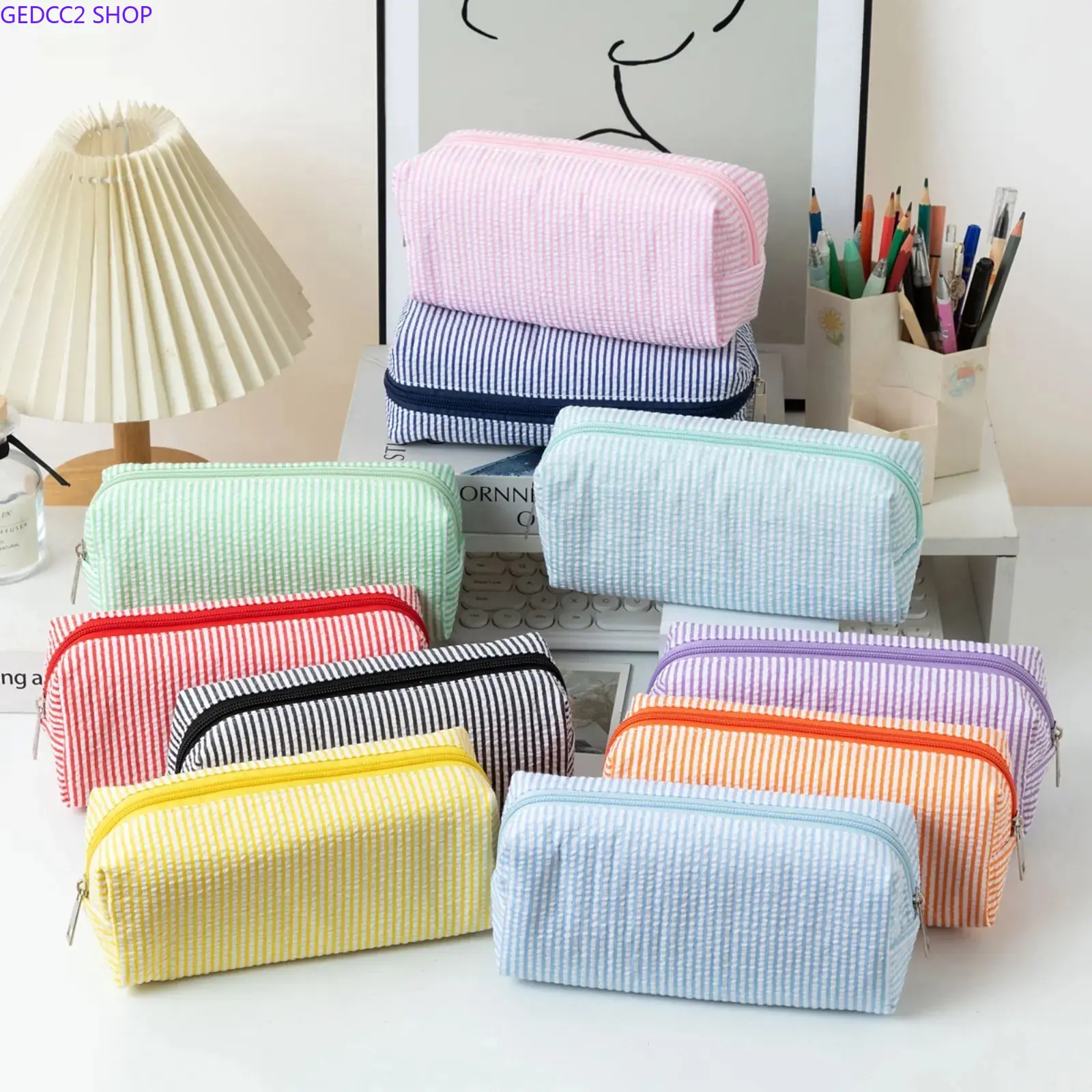 Seersucker Striped Pencil Pouch with Embroidery - Large Capacity Zippered Stationery Organizer for School Supplies, Back To School Shopping, Stationery Supplies, College Supplies