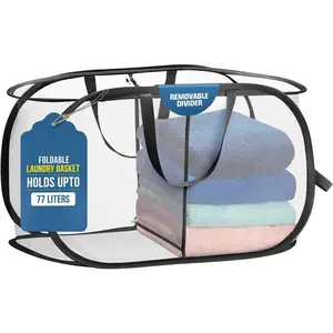 Foldable Laundry Basket - Popup and Collapsible, Durable Mesh Material, Folds for Storage, Easy Carry Handles - Great Hamper for College Dorm, Laundry Room or Travel (White-Black, 2-Compartments)