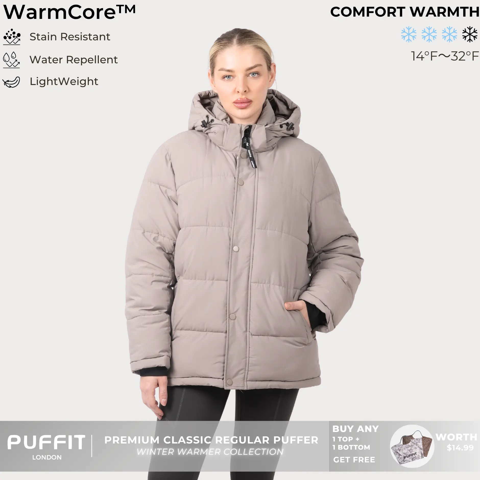 PUFFIT WarmCore Premium Detachable-Hood Puffer Jacket | Classic Lightweight Winter Coat,Windproof,Water-Repellent,Adjustable Drawstring Design,Womenswear,Tops,Outerwear,Long Sleeve,Fall Jacket,2026 Shopping