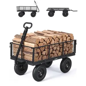 1000 LBS Heavy Duty Utility Cart, Black Outdoor Lawn Wagon with 13" All-Terrain Air Tires, Vehicle Towable, Removable Mesh Panels for Yard & Landscaping Work