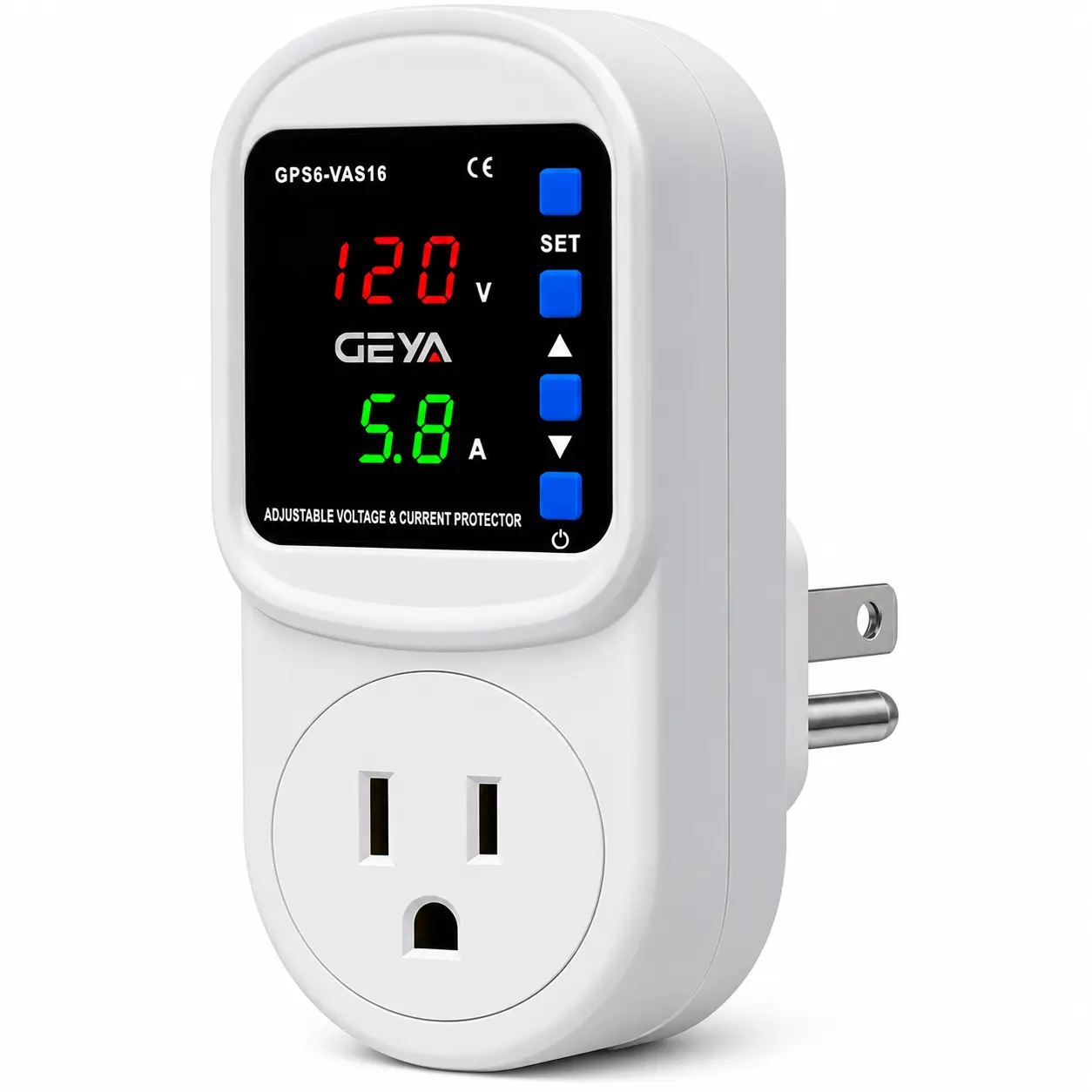 GEYA 16A Adjustable Voltage Prot wall ector Socket with US Plug — AC 110V Over/Under Voltage & Overcurrent Protection, Customizable Thresholds, ,LED Dual Display, 0.1s Fast Trip, Auto-Restart for Home, Fridge, TV outlet