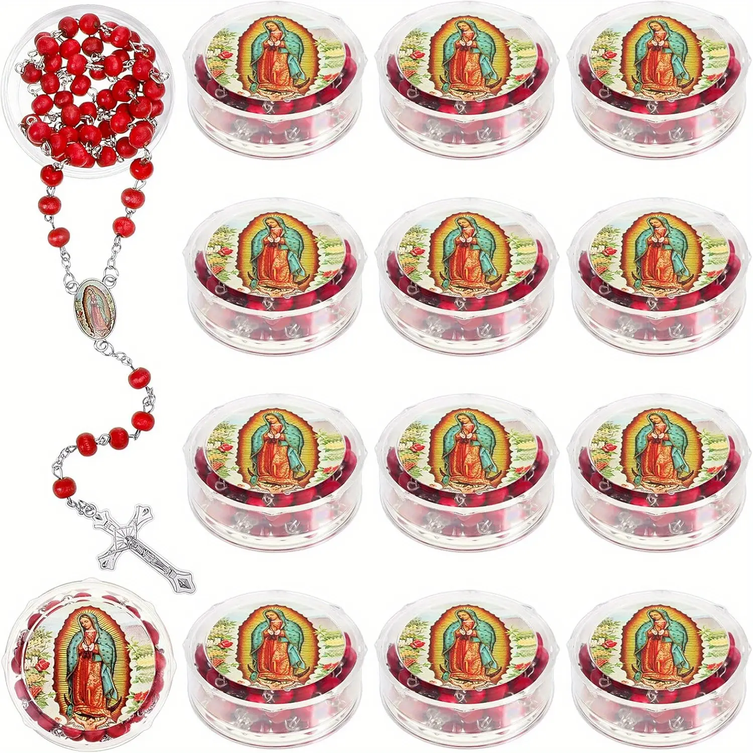 12pcs Rose Scented Catholic Rosaries Necklaces- Wooden Beads Necklace Christian Gifts, Our Lady of Grace Scented Red Rosary Necklace Party Favor, Catholic Gifts with Box, Rosary Bead Necklace for Funeral Baptism First Communion Party