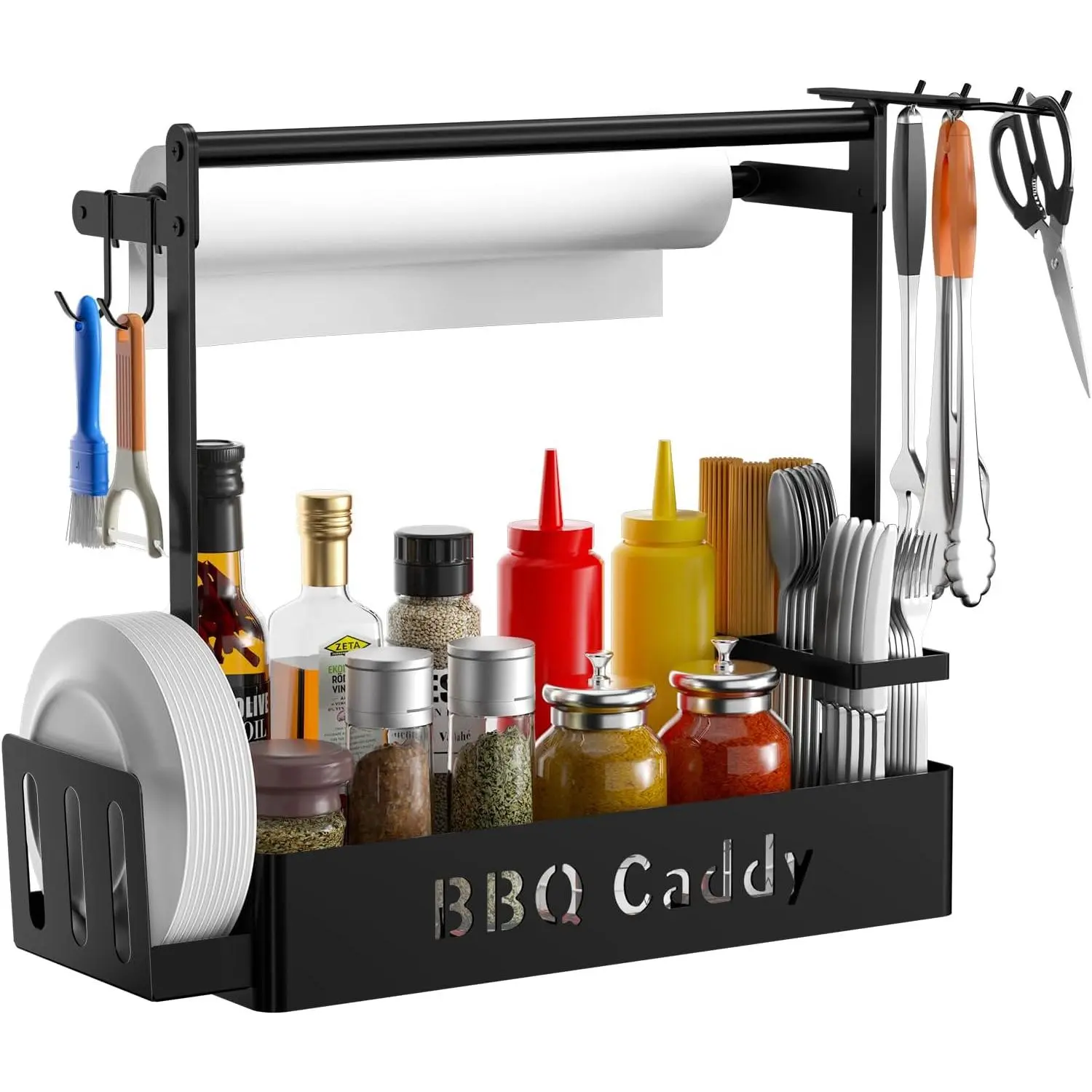 Portable Alloy Steel & Aluminum Alloy Grill Caddy with Paper Towel Holder, 4 Hooks for Plates, Cutlery, Condiments - Picnic, Camping Outdoor Organizer for Backyard Barbecue