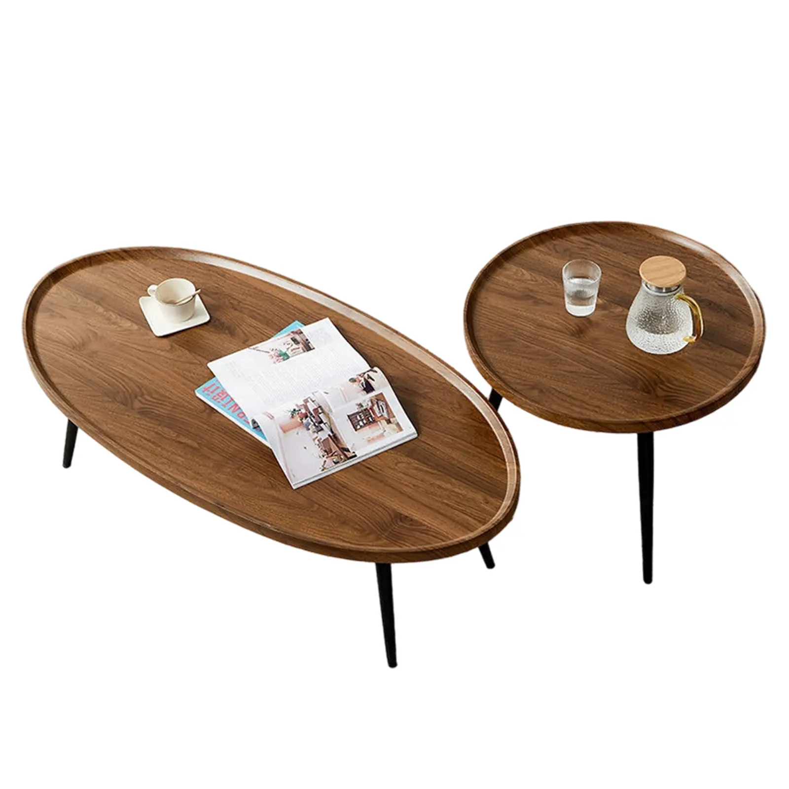 Walnut Nesting Coffee Table Set of 2, Mid Century Modern End Side Table