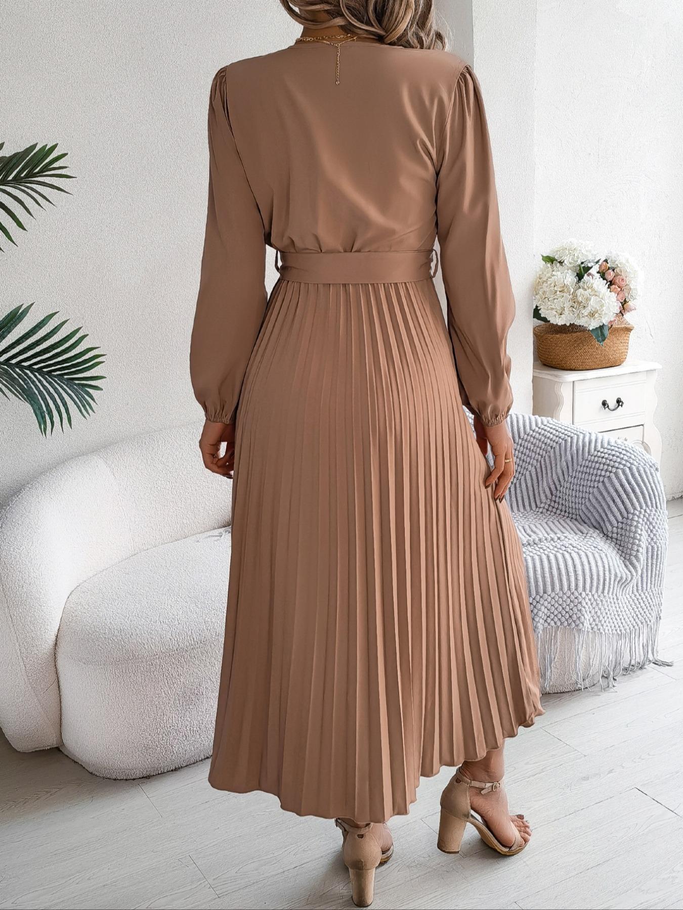 Women's Plain Fake Buttons Belted Pleated Dress, Elegant Chic Bishop Long Sleeve V Neck A Line Dress for Party Wedding Guest, Dresses for Women, Ladies Clothes for Spring & Fall, Birthday Dresses, Womenswear