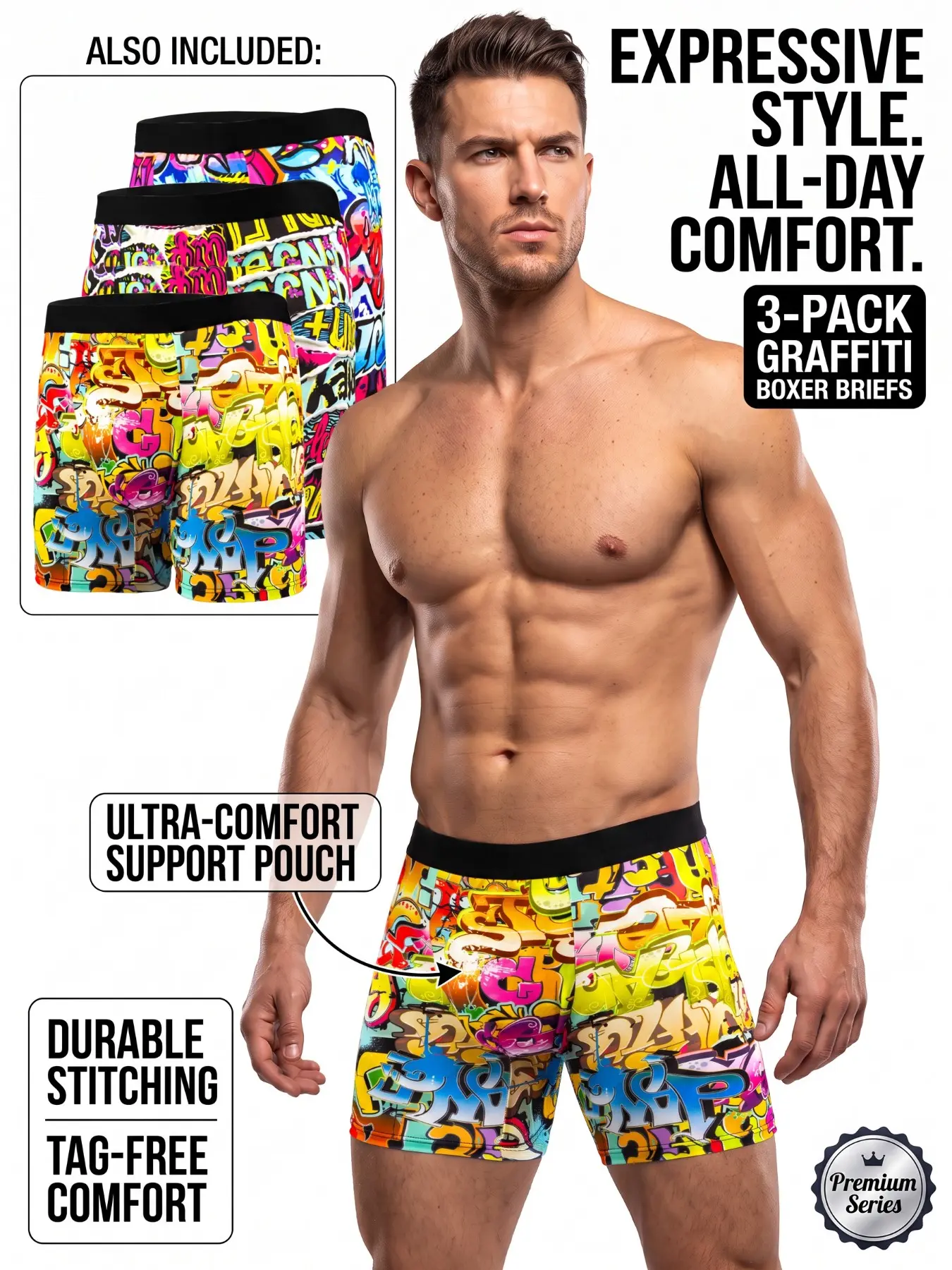 Men's 3-Pack Graffiti Print Boxers, Long Leg Design, Comfortable Breathable Skin-Friendly, Ideal for Running, Cycling, Hiking, All Seasons, Printed Boxer Briefs