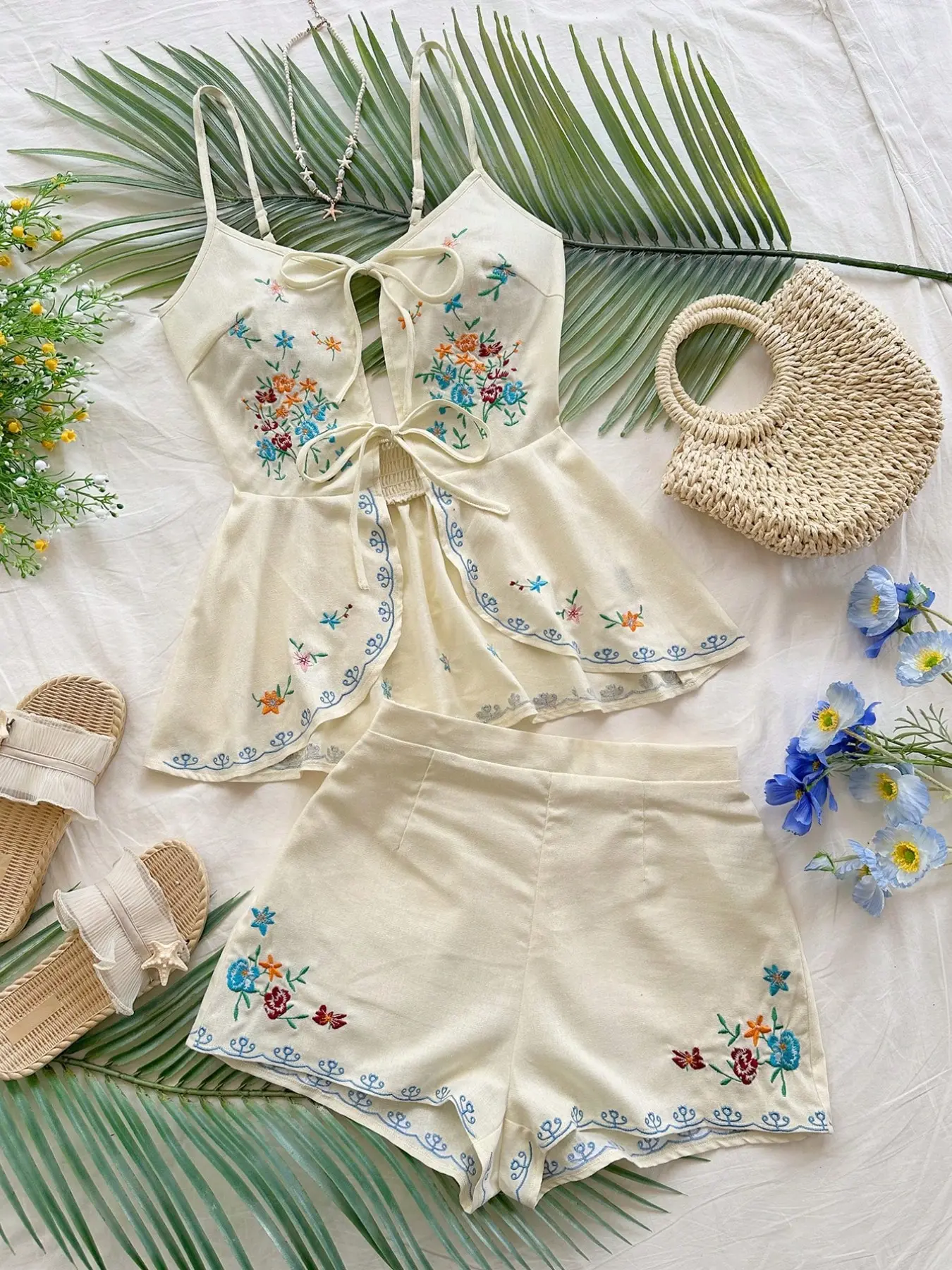 Bohemian Vintage Floral Embroidered Matching Short Set Women Cutout Front Tie Sleeveless V-neck Cami Top High Rise Shorts Holiday Beach Outfit, Lightweight Linen Blend Fabric