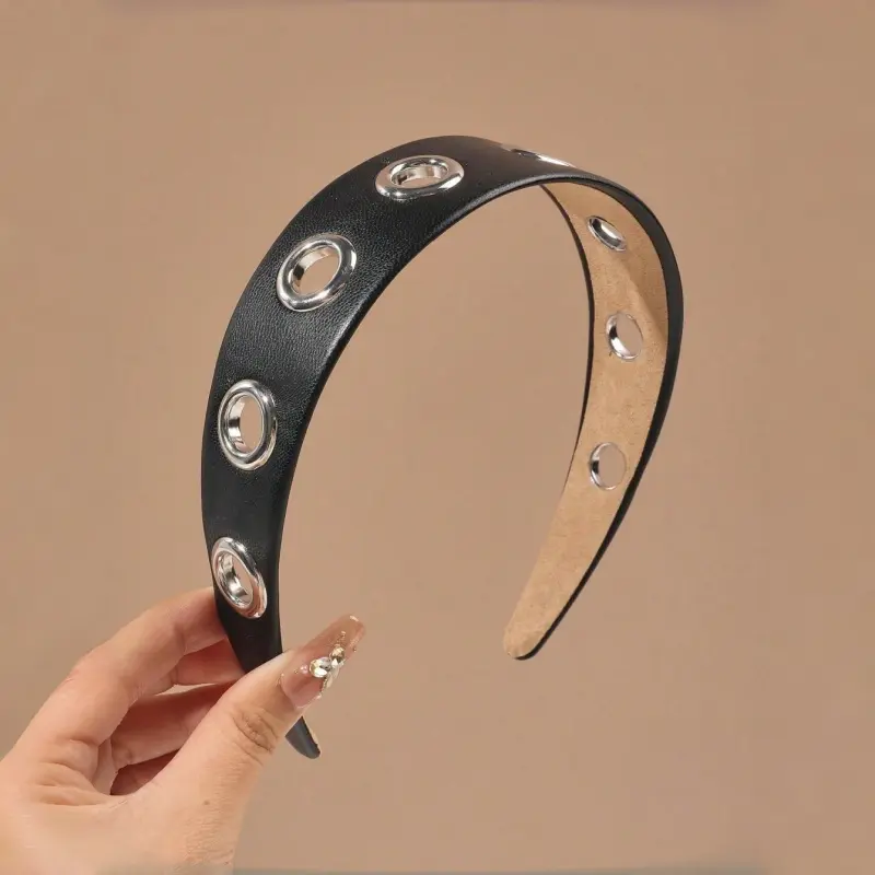 Women's PU Leather Wide Headband with Metal Grommets, Adjustable Band for Punk Street Looks, Ideal for Music Festivals and Office Attire, Everyday, Secure Hold, Female