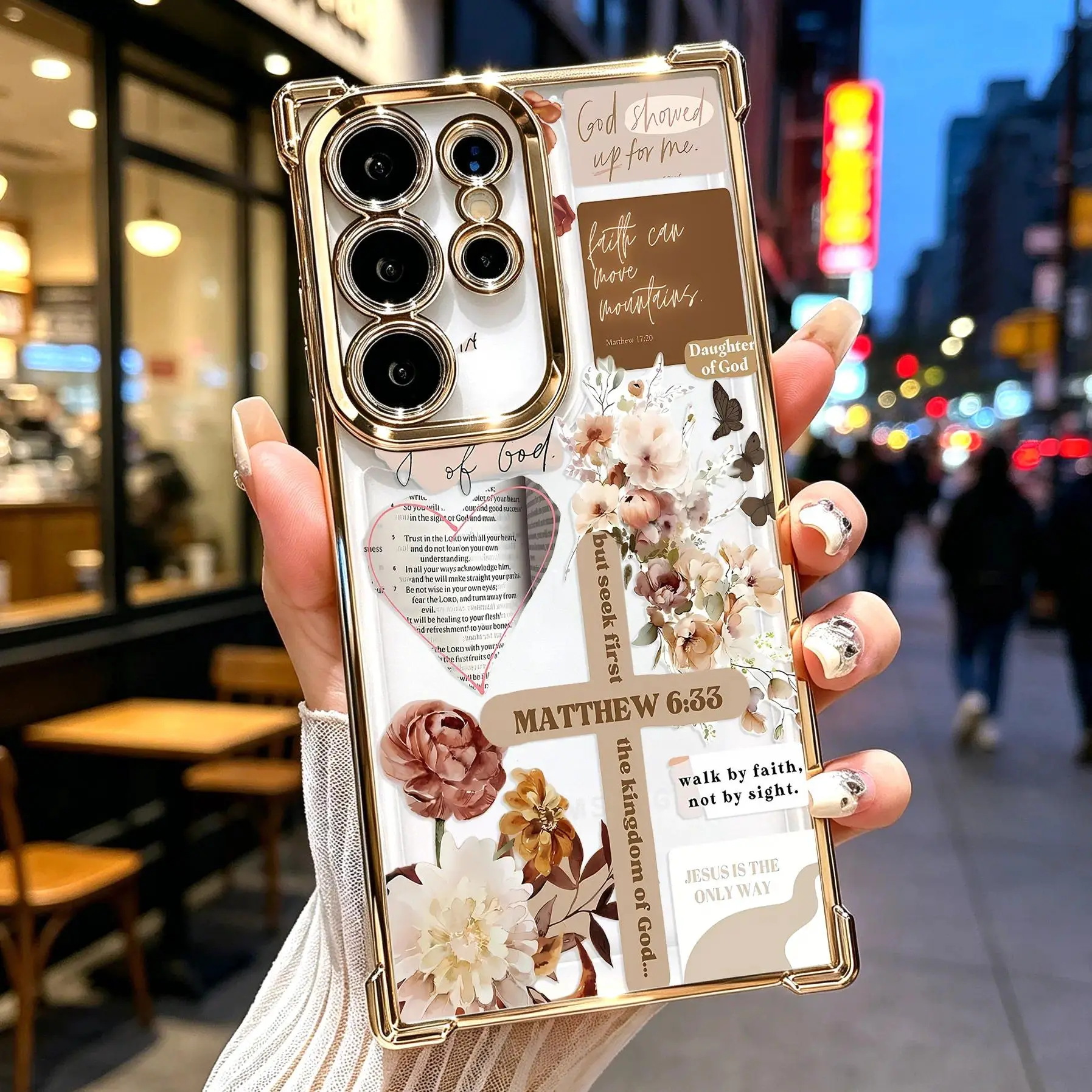 Faith & Grace Cross Pattern Phone Case, Electroplated Colorful TPU Casing with Airbag Shockproof Slim Protection & Resistance, Christian Floral Bible Verse Mobile Phone Accessories for Samsung S23 S24 S25 Ultra Plus FE