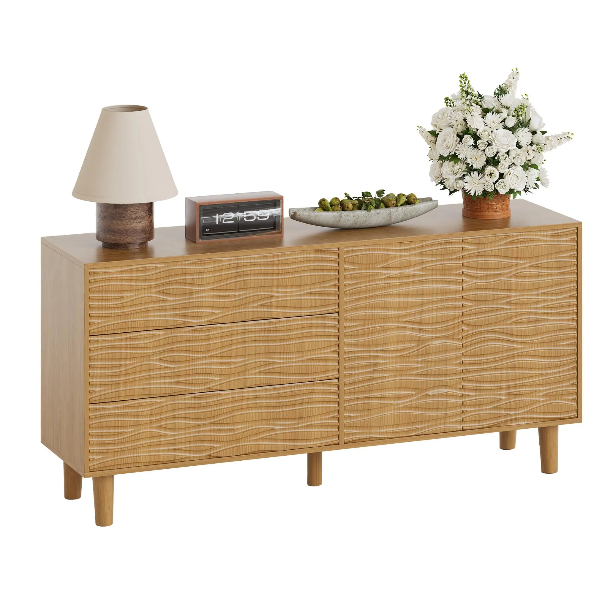 Modern Sideboard Buffet Cabinet with Undulating Fluted Design, 61" Wood Kitchen Storage Cabinet with 3 Drawers & 2 Door, Accent Console Table for Living Room Dining Room Hallway
