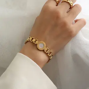 Women's 18K Gold-Plated Titanium Steel Roman Numerals Watch Dial Couple Bracelet - Ins-Style Shell Jewelry for Girlfriends