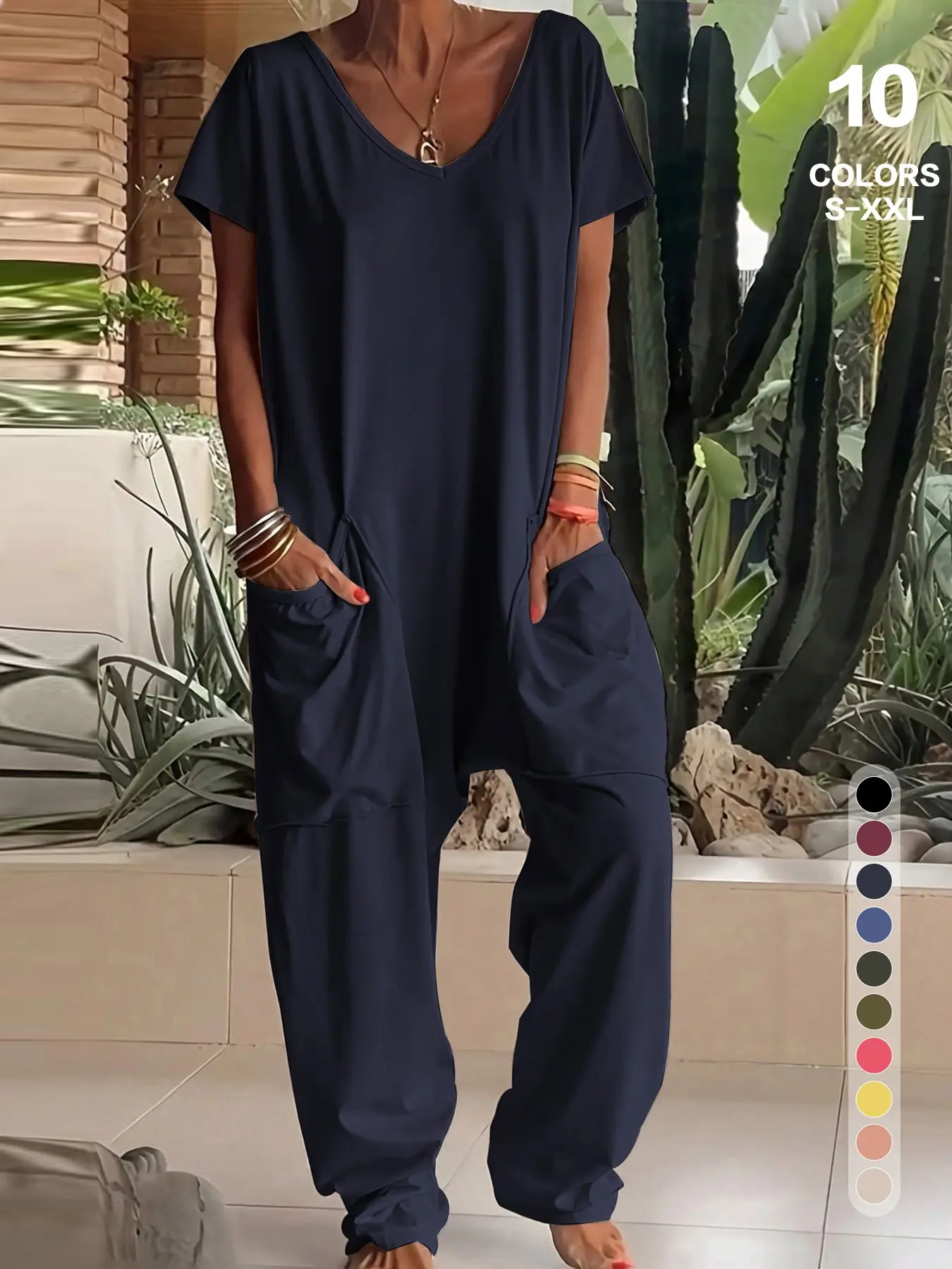 American High Street Casual Chic V-Neck Short Sleeve Jumpsuit, Loose Fit Baggy Harem Pants, Breathable Slimming Design, Women's Home Wear for All Seasons