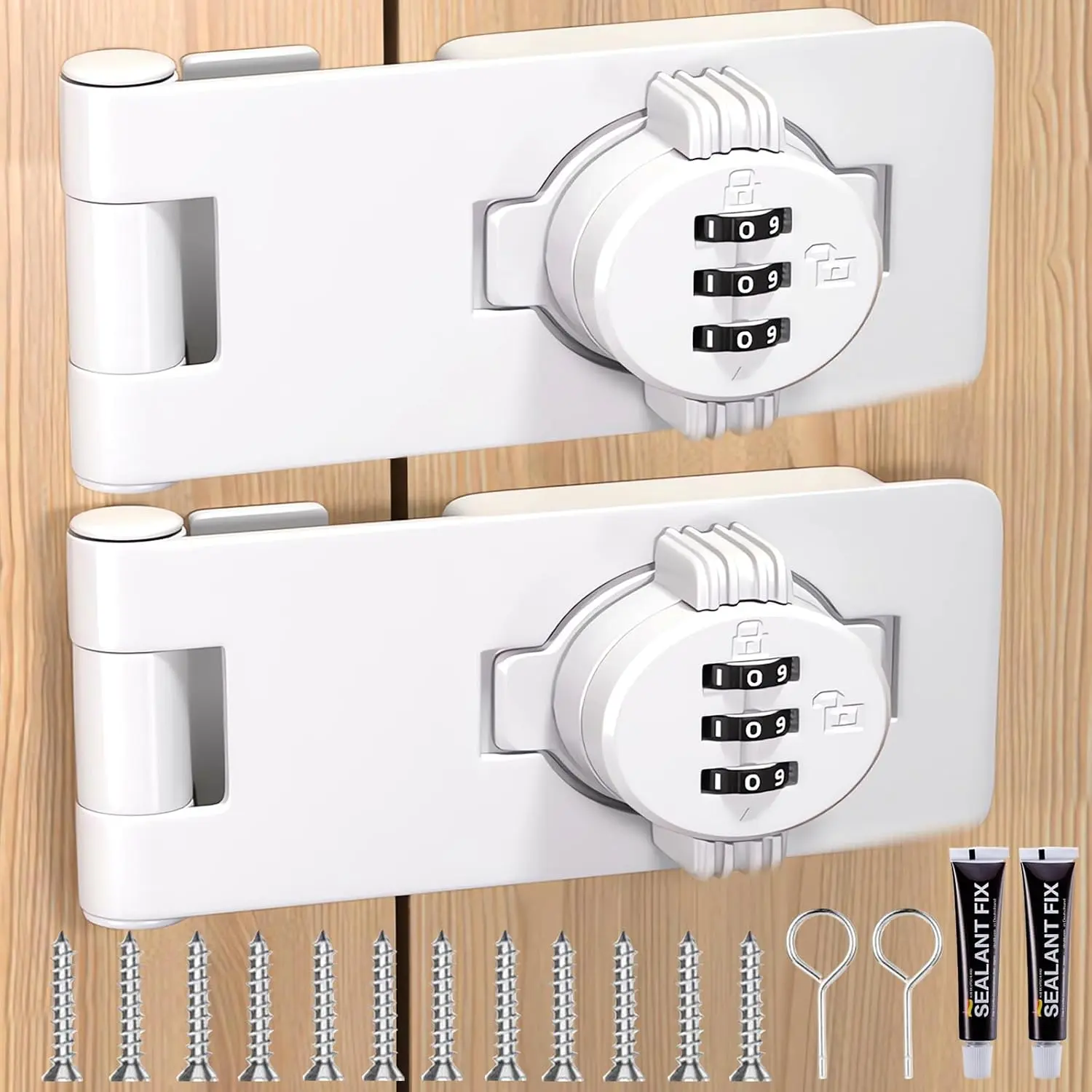 Bifold Door Lock - 2 Pack White Sliding Closet Locks for Double Doors Cabinet Lock Anti- 3-Digit Password Combination Twist Knob Hasp Latch Locks for Barn Door Cupboard Pantry