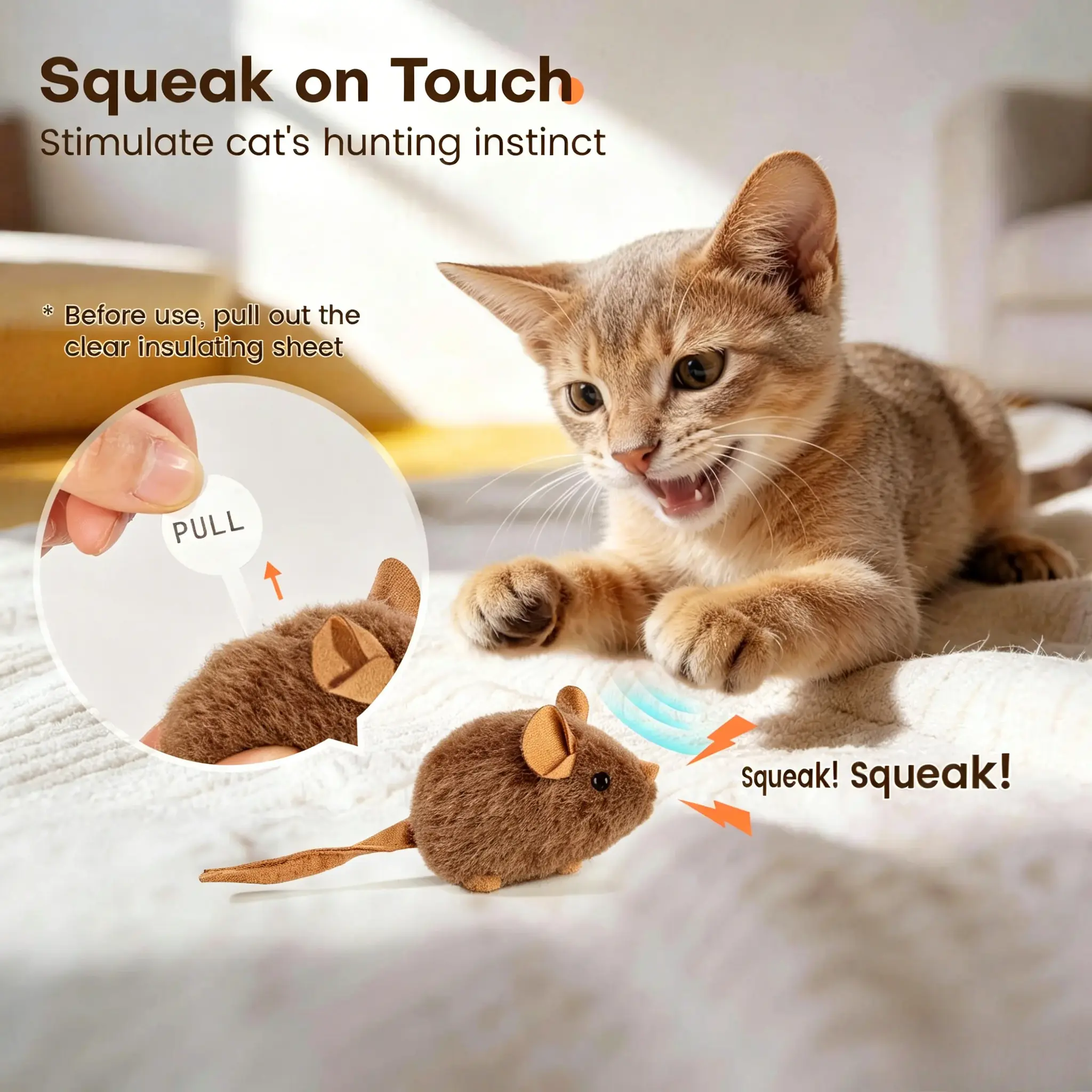 3-Pack Synthetic Plush Cat Toys for Kittens, Realistic Mouse Shape Squeaky Toys to Stimulate Hunting Instincts, Supports Physical Exercise & Mental Enrichment, Chew Toys