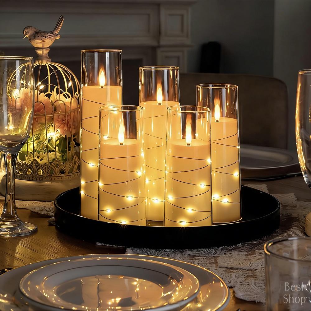 5pcs Flameless LED Candles with Embedded Star String, Battery Operated Acrylic Pillar Candles with Timer and Remote, Flickering Candles for Romantic Ambiance and Home Decoration Mood Decorative,Valentine's Day, Mother's Day