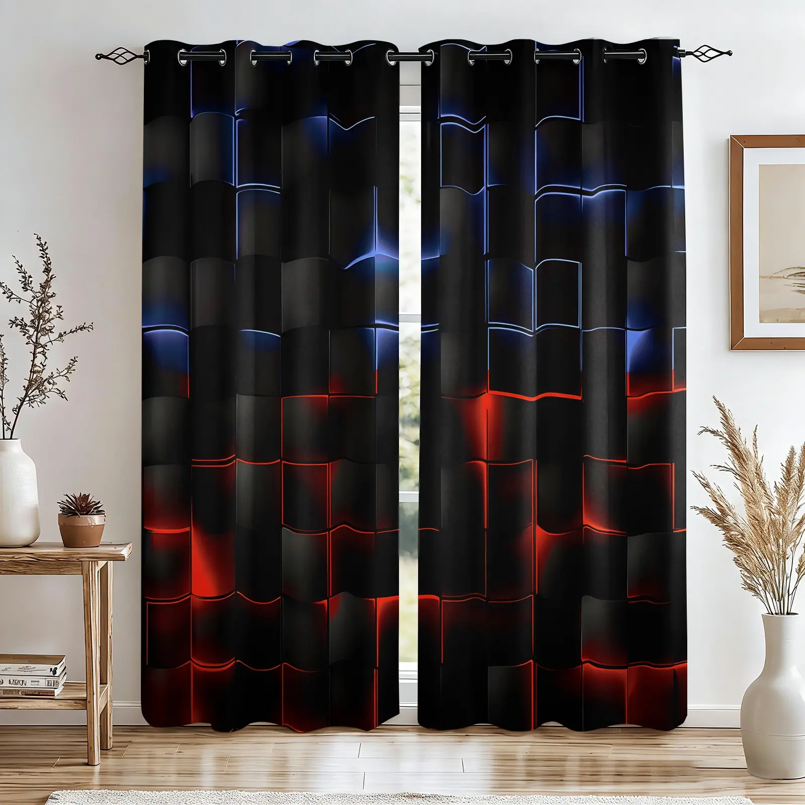 2-Piece Red And Blue Neon Geometric Blackout Curtain Panels, Futuristic Tech Neon Patterns,Wear-Resistant Fabric No Drilling Machine Washable,  Ideal For Boys And Teens Gaming Bedrooms Decor,A Top Gift Choice For Gamers