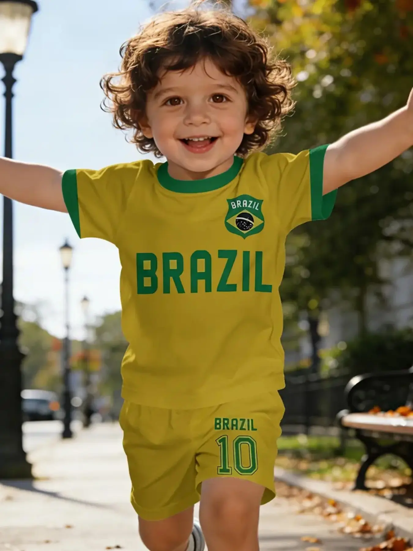 Brazil Flag Print Kids Set, Boy Summer Breathable Short Sleeve Shorts Two-Piece, Casual Slim-Fitting Graphic Pattern, Summer Clothing Set, Children