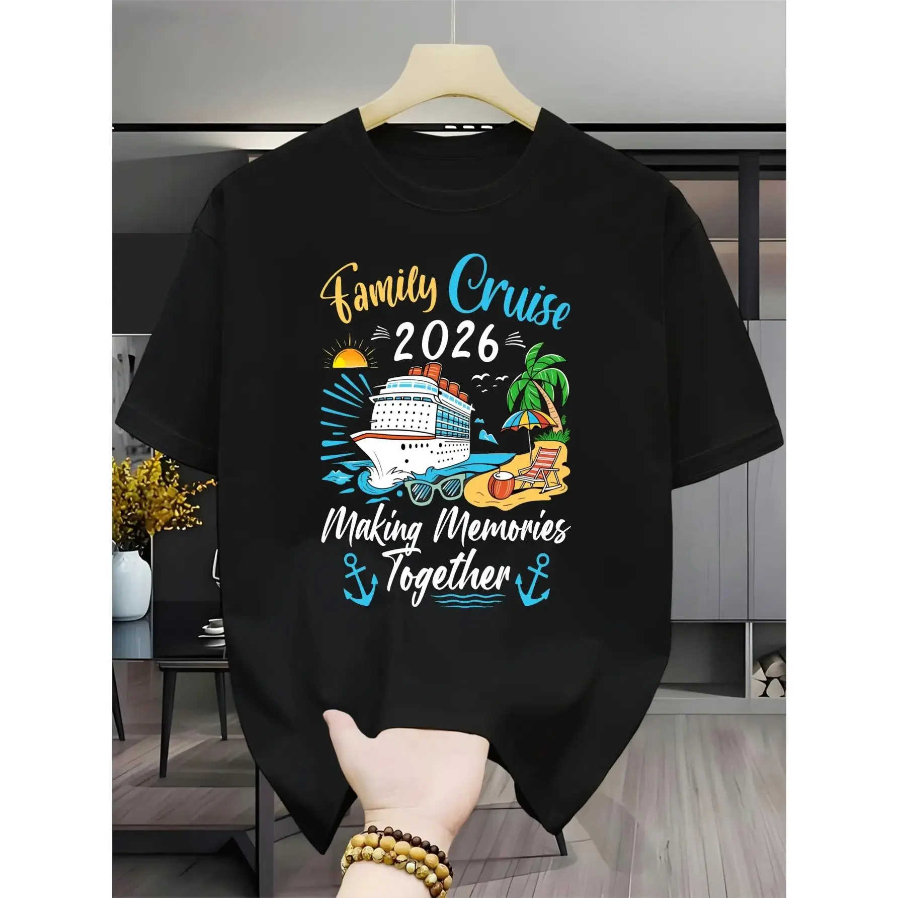 Unisex Round Neck Short-Sleeve T-Shirt, 2026 Family Cruise Graphic Top with Cruise Ship, Palm Beach, Anchor Prints for Family Vacation Matching Casual Wear (Black)