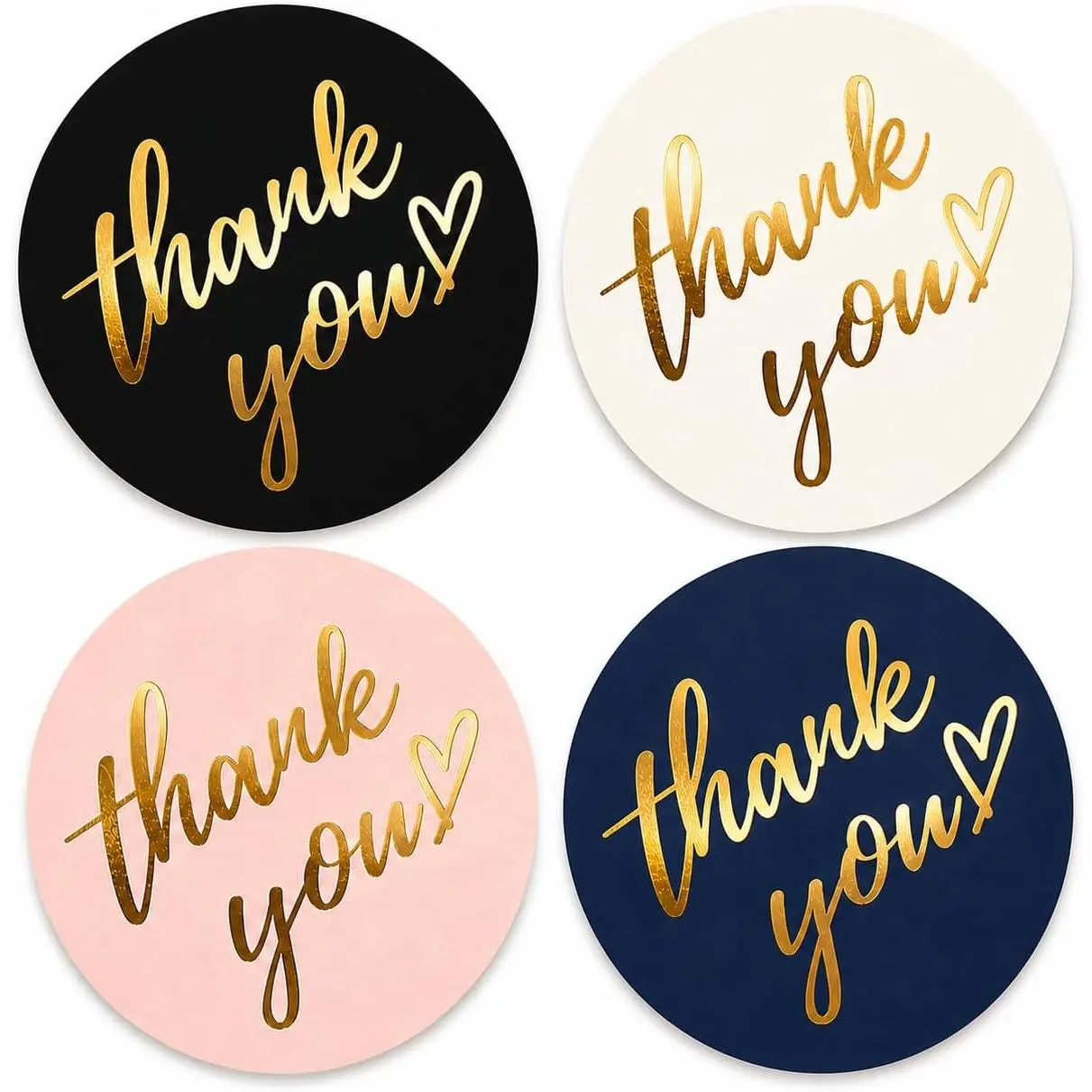 500 count Thank You Stickers Roll - 1.5 Inch Round  Foil Stickers with Heart Design, 4 Colors (Black, White, , Navy) for Small Business Packaging, Envelopes,  Bags, Shipping Boxes