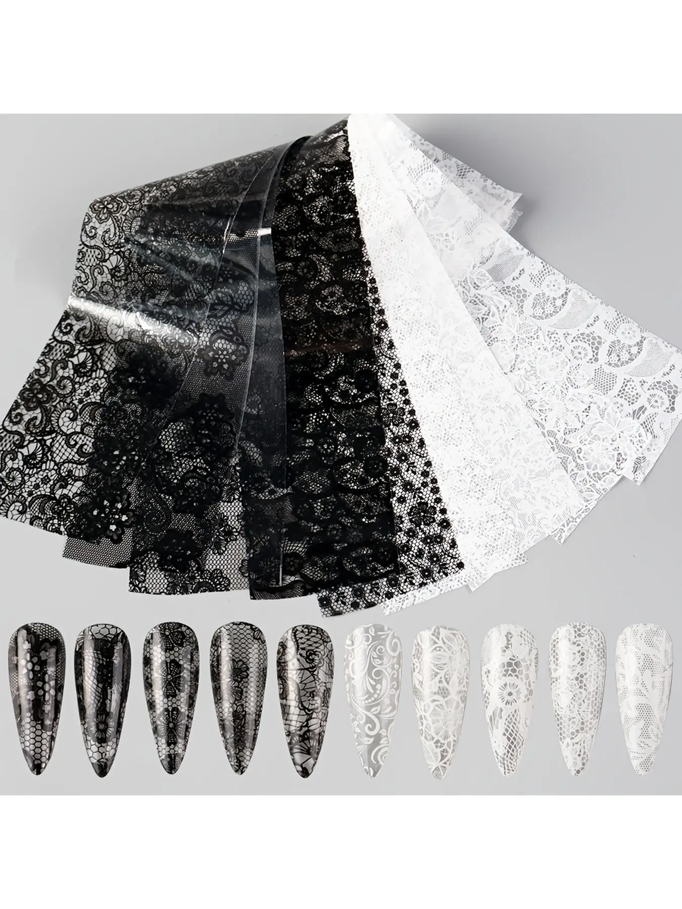 10 Sheets Elegant Black White Lace Flower Nail Transfer Stickers, Korean Japanese Style Floral Border Nail Art Decals for DIY Manicure