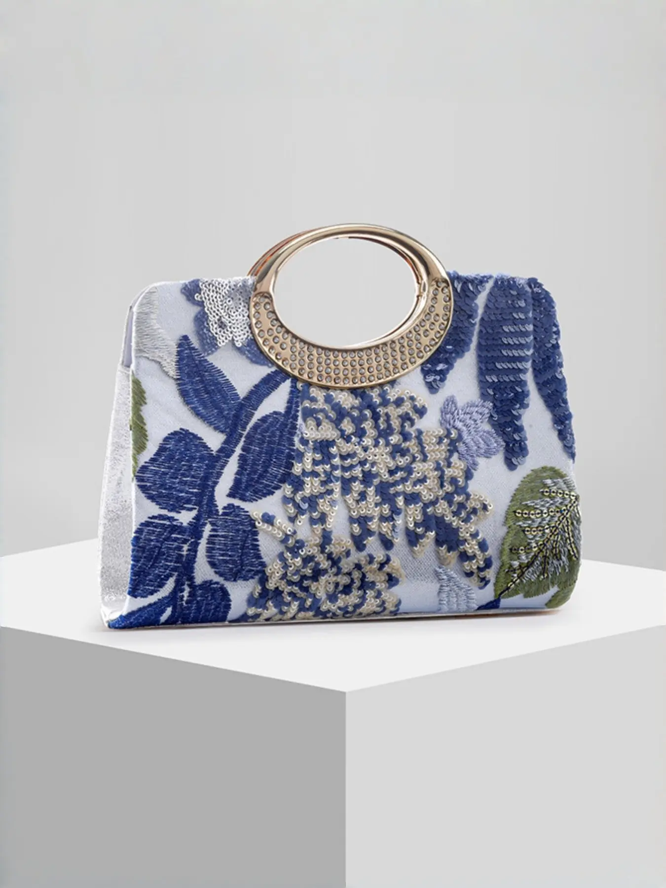 Viral TikTok Vintage Floral Sequin Embroidered Clutch Bag Rhinestone Ring Handle Evening Handbag Elegant Purse for Date Night Garden Wedding Party Glittery Clutch Bag