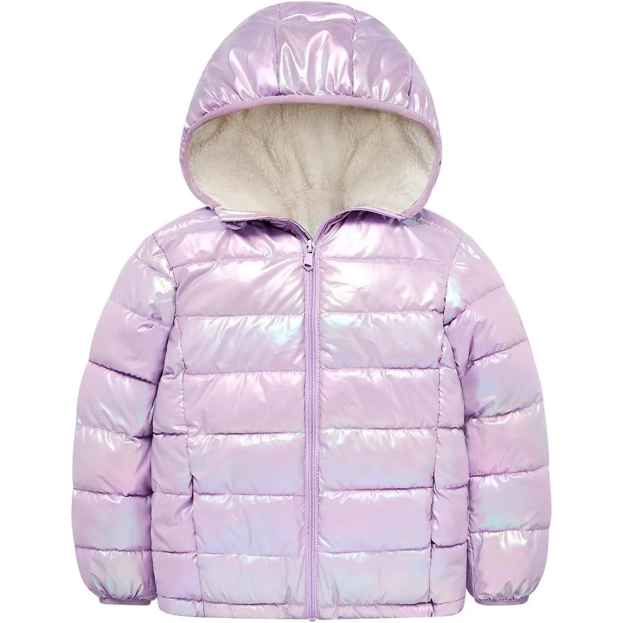 Girls' Hooded Puffer Jacket for 4-12 Years - Metallic Shine Polyester Cotton Fabric, Fleece Lining, Windproof, Water Resistant, Down Alternative Warm Winter Coat for Cold Weather