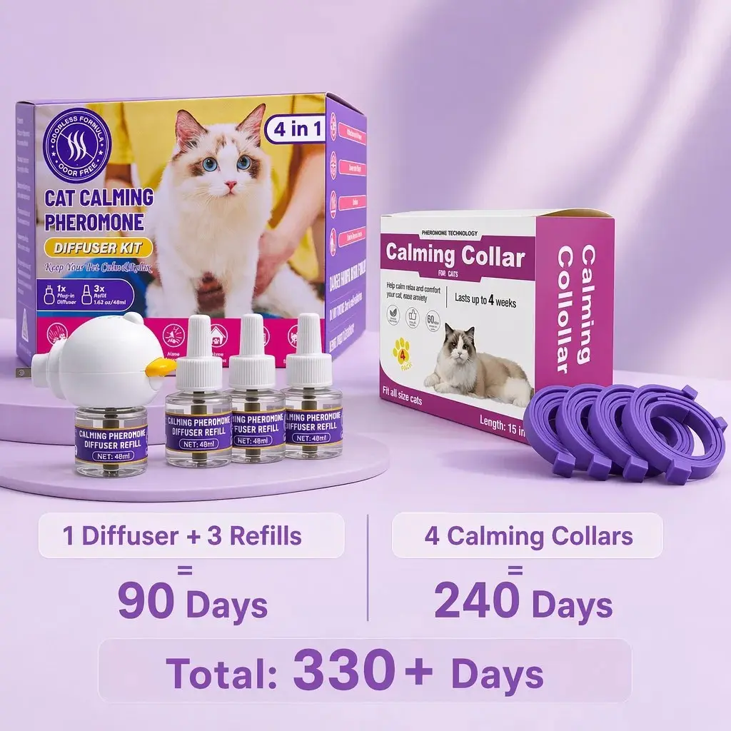Cat Calming Pheromone Diffuser Set, Includes 4 Collars and 3 Refills, Ideal for 700 Sq Ft Home, Odor-Free Comfort Solution for All Cats