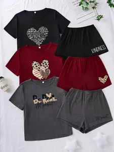 Women's Casual Homewear Set, 3-Piece Short Sleeve Shorts Pajama Set, Cartoon Print Design, Spring Summer Series, Comfortable Fit, Nightwear