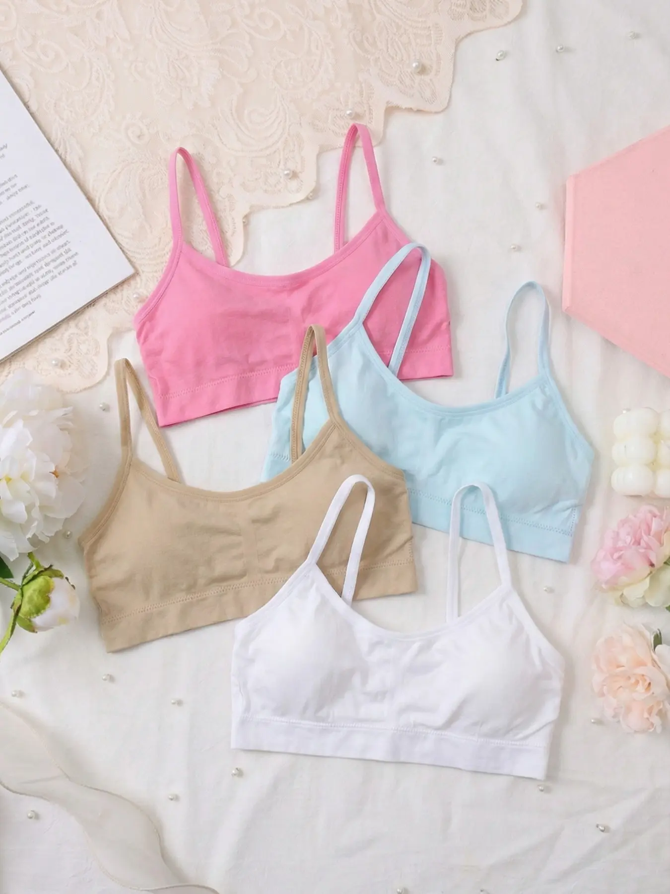 9-16Y,Girls Seamless Fashion Spaghetti Strap Bras, Removable Padded Wireless Sports Bras, Soft Comfy Bra, Comfortable For All Seasons