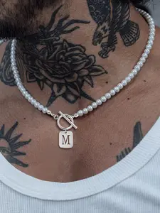 Men's Stainless Steel Rectangular Hollow Initial Toggle Clasp Pendant Necklace, Classic Artificial Pearl Beaded Men's Necklace