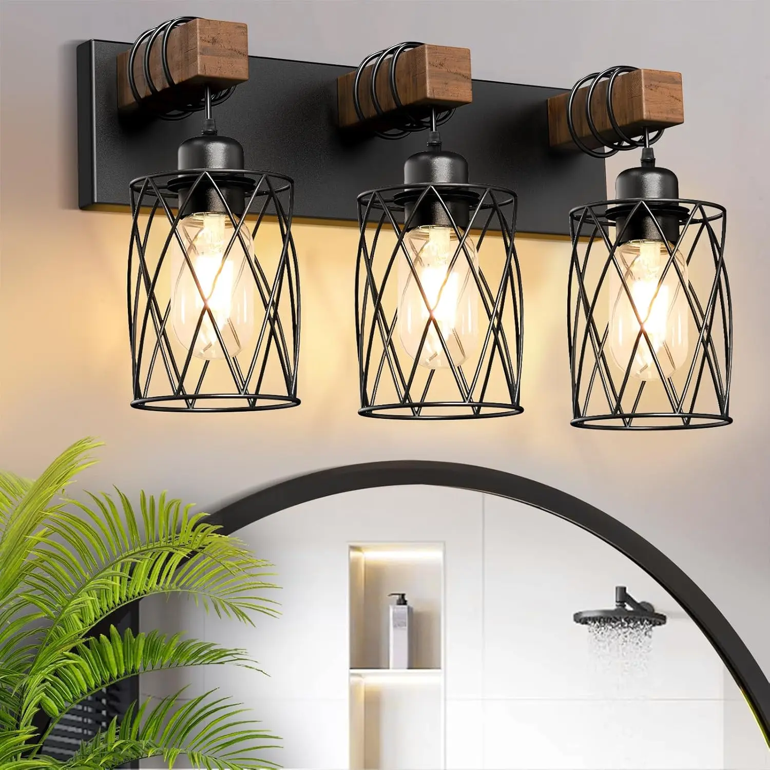 Farmhouse Bathroom Vanity Light, 3-Light Wood Bathroom Light Fixtures Over Mirror, Black Industrial Vanity Lights with Metal Shade, Rustic Restroom Lighting Fixtures