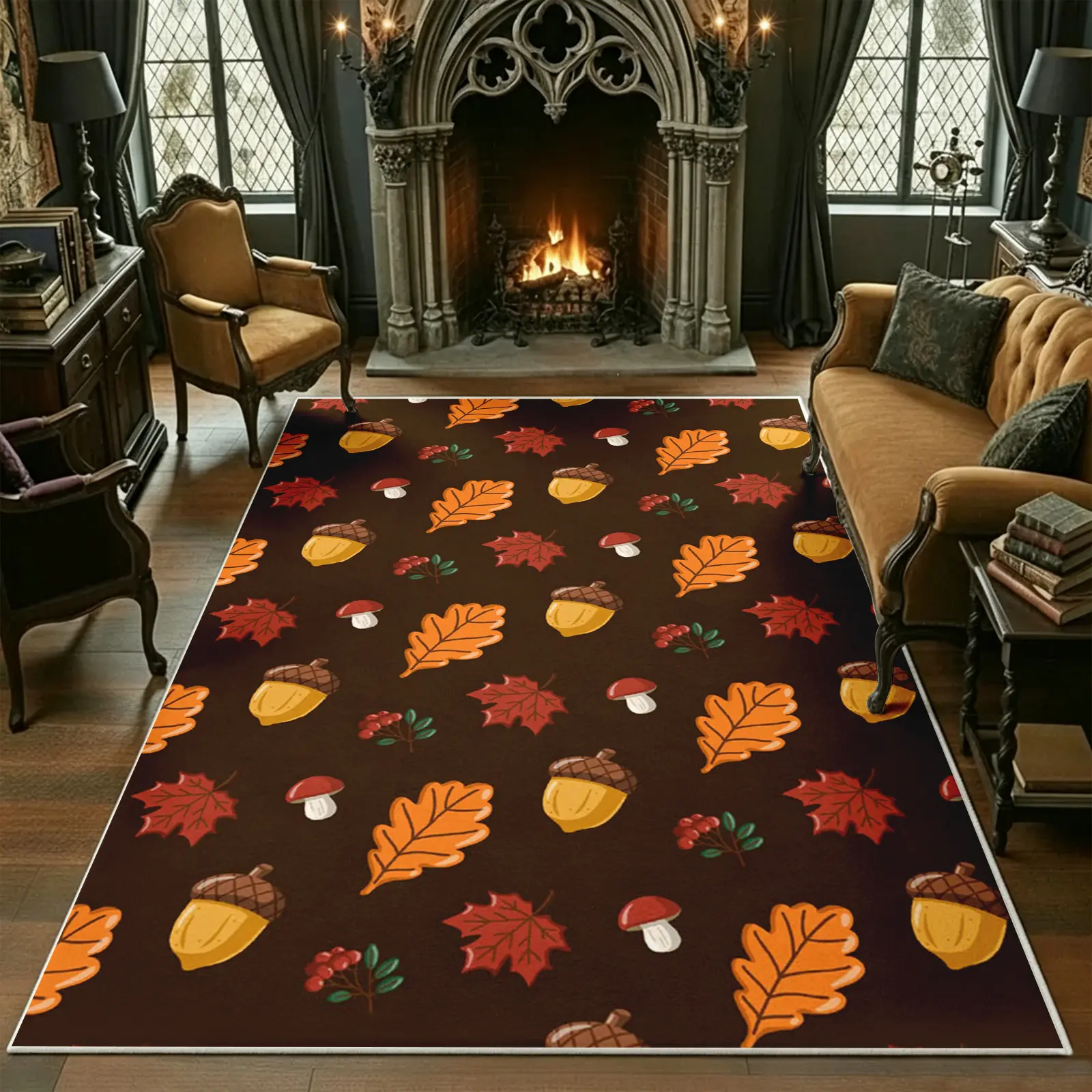 Autumn Forest Leaf and Acorn Motif Area Rug - Ultra-Soft, Non-Slip Backing, Stain-Resistant, Machine-Washable Carpet for Living Room, Bedroom, Office, and Dining Room, Fall Home Decor Alfombras Para Sala (Various Sizes)