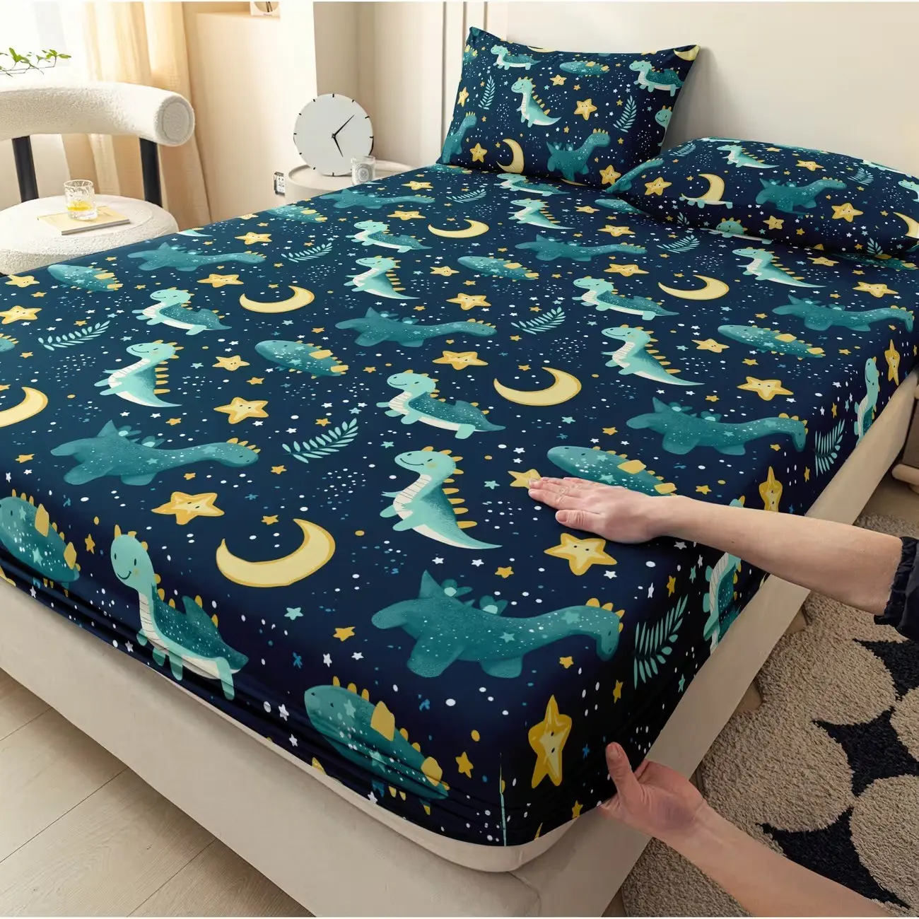 3-Piece Dinosaur Print Bed Sheet Set, Soft Moonlight Pattern, Cute Bedding, Includes 1 Bed Sheet and 2 Pillowcases, Ideal for Home, Hotel, Easter Decor, Birthday Gift