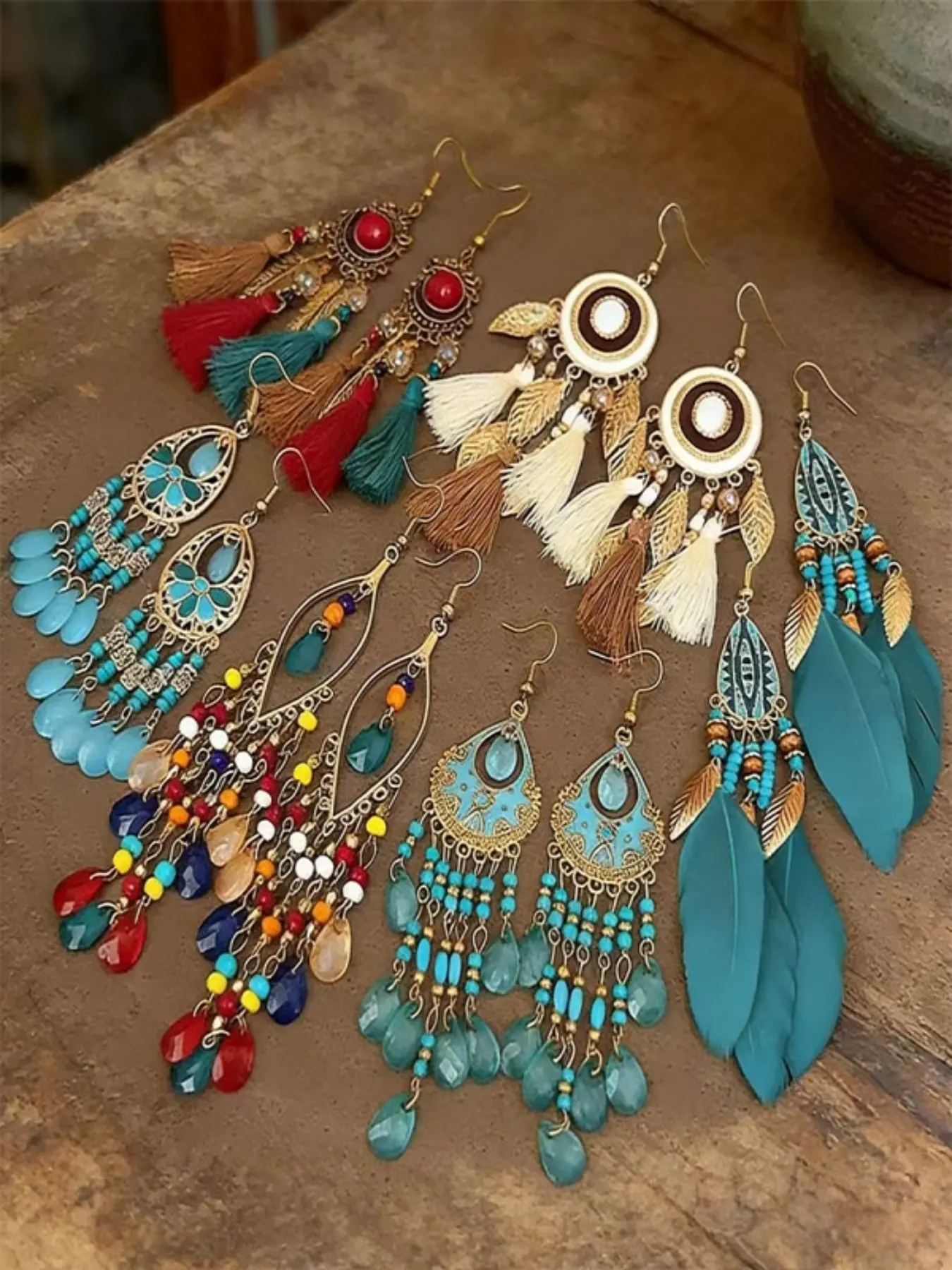 6 Pcs Boho Feather Earrings Set, Long Tassel Ethnic Style, Vintage Retro Design, All over Print, Alloy Material, No Choking Hazard
