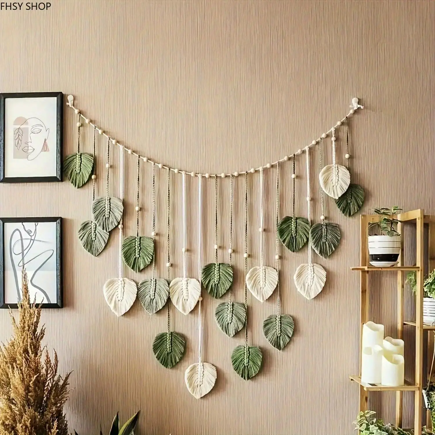 Boho Macrame Wall Hanging Tapestry - 29in x 51in Hangable Wall Fill, 51in Wide Handwoven Cotton Leaf Piece with Layered Fringe & Beads, Modern Home Decor, Creative Home Decor, Minimalist Entryway Gift