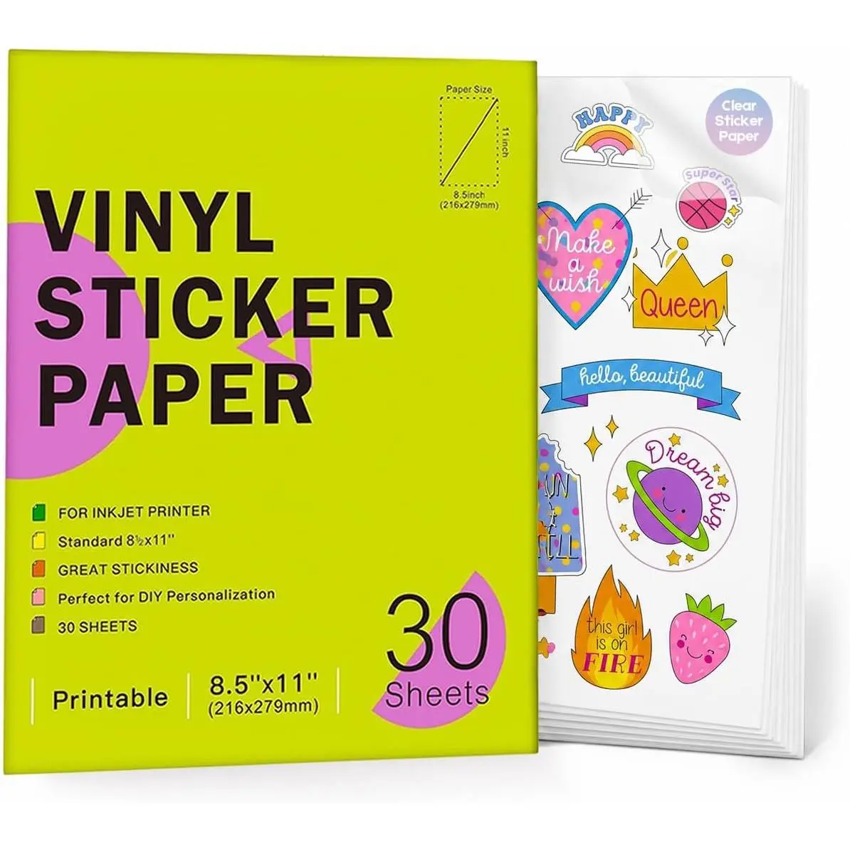 Printable Clear Vinyl Sticker Paper for Inkjet Printer, 30 Sheets 8.5x11 Inch  Transparent Sticker, Quick Dry  Color, Self Adhesive Compatible with Cricut  Machine