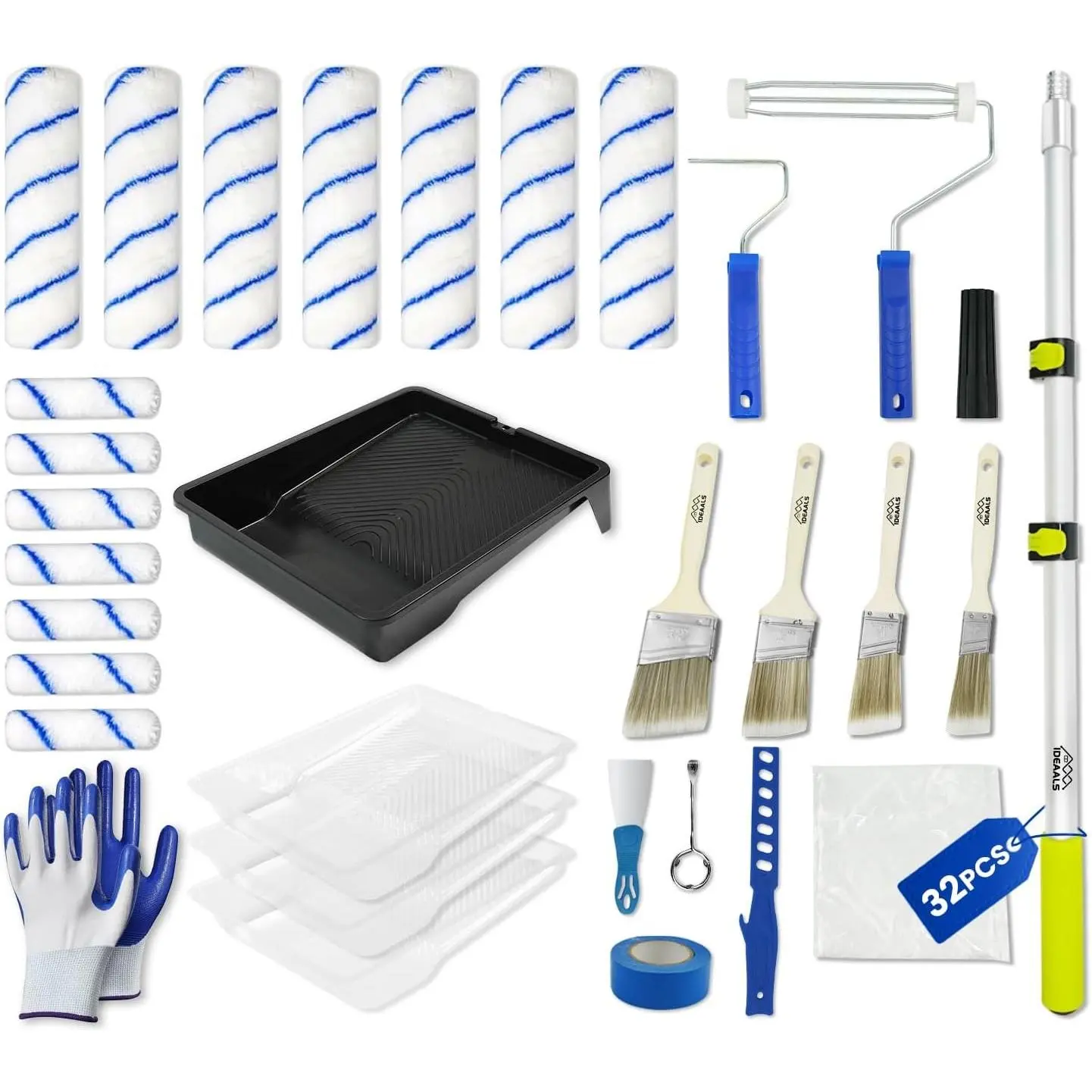 32PCS Paint Roller Kit with Extension Pole - 2 to 4 FT Pole, 4 inch 9 inch Paint Rollers, Paint Brushes for Walls, Painters Tape & Drop Cloth, Microfiber Roller Covers for Professional Painting