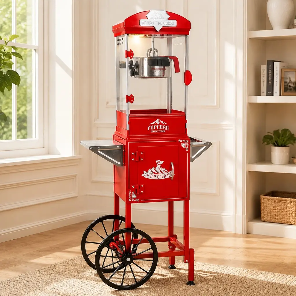 10 Oz Popcorn Machine Cart with Wheels, Stainless Steel Kettle, One-Touch Operation, Portable Home Theater Concession Stand with Storage Cabinet, 3 Serving Spoons, Reject Kernel Tray, Red/Cyan/Black