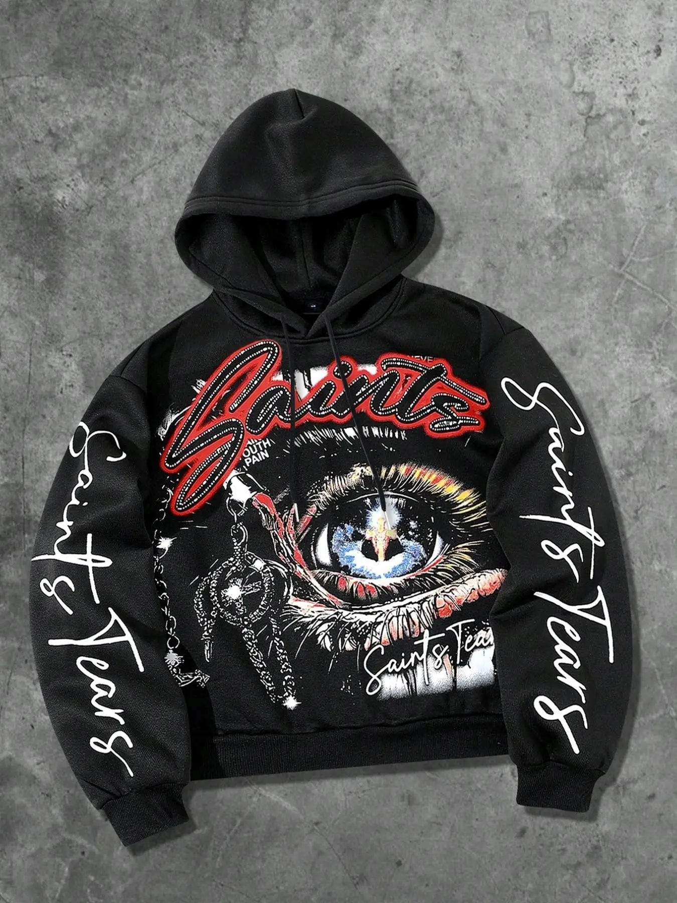 Saints Tears Gaze Eye Men's Hooded Sweatshirt, Unisex, American Retro Style, Popular Online Item, Chain Eyes, Rhinestone Letter Print, Fleece Warm Pullover Hoodie, Women's Autumn/Winter Black Street Style Men's Hooded Sweatshirt