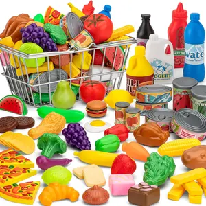 55 Pcs Grocery Store Pretend Play Food Set with Shopping Basket for Kids Toddlers 1-3 4-8, Kids Play Kitchen Accessories Plastic Fake Food Fruits and Vegetables Can Toy Gifts for Boys Girlsfidget toys