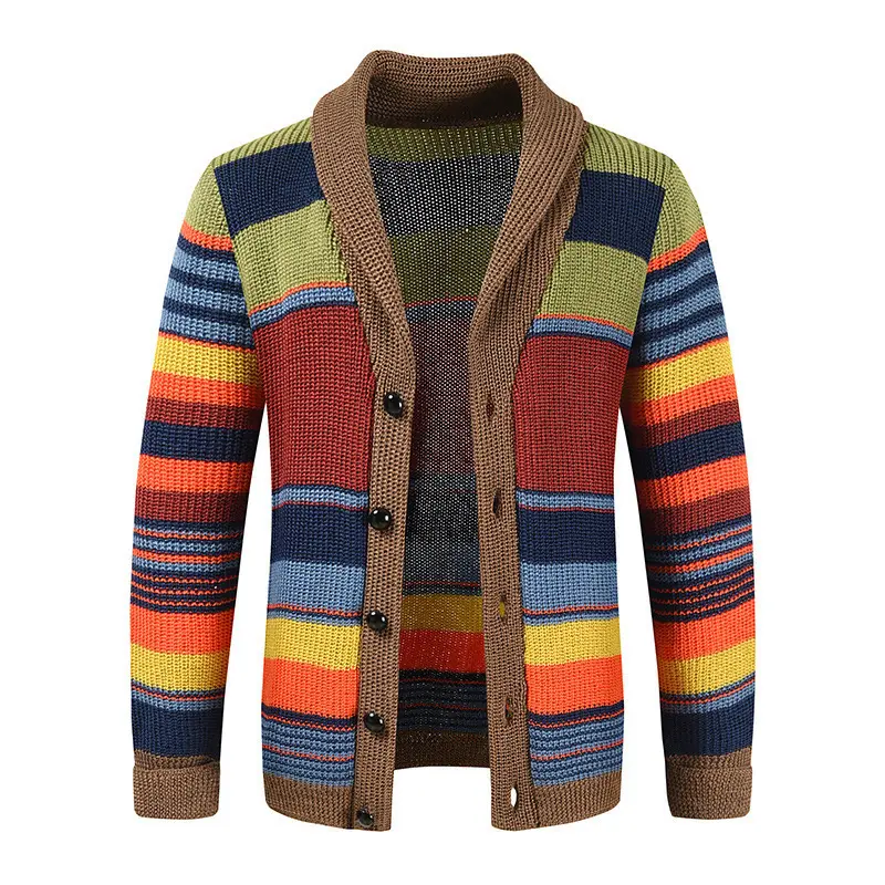 Men's Autumn Winter Rainbow Color-Block Lapel Knit Cardigan, Retro Striped Button-Front Long-Sleeve Loose-Fit Outerwear, Versatile Casual Fashion Top Classic Knitwear