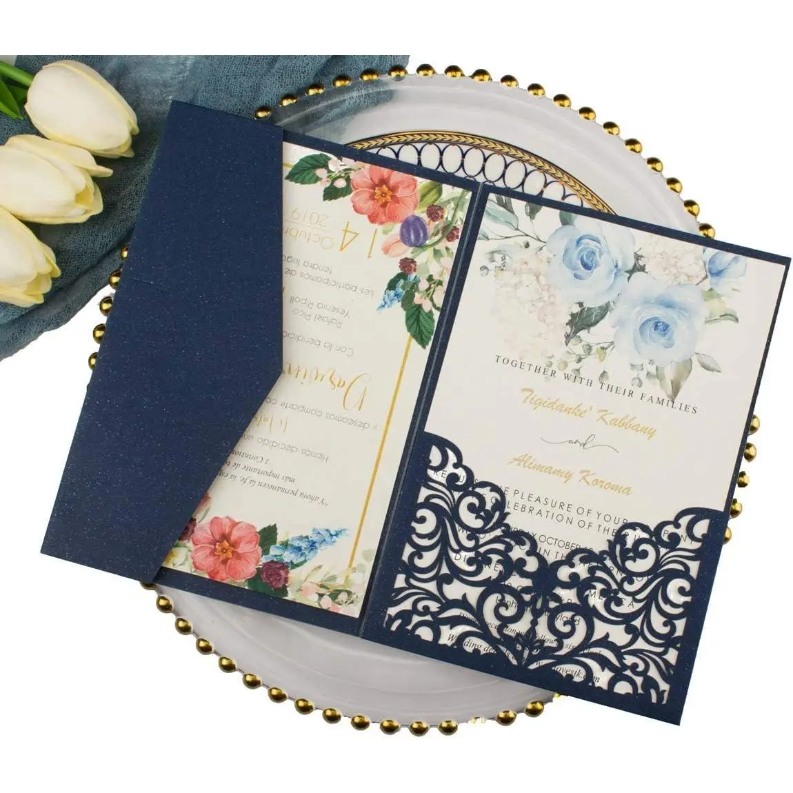 25 Sets 5x7 250GSM Pearl Navy Blue Tri-Fold Wedding Invitation Cards with Envelopes and Inserts for Weddings, Bridal Showers & Birthdays