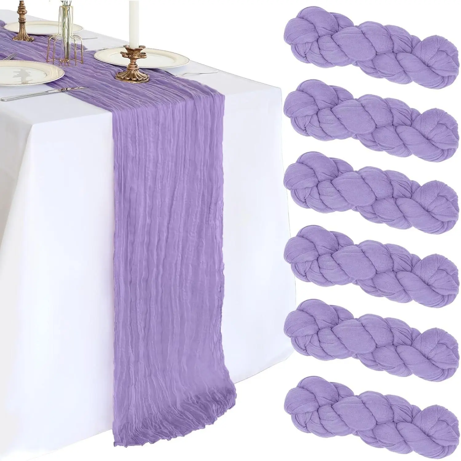 6-Pack 10FT Rectangular Lavender Purple Cheesecloth Table Runner, 120-Inch Gauze Rustic Boho Sheer Fabric Decor for Wedding, Holiday Party Indoor Furniture Accents