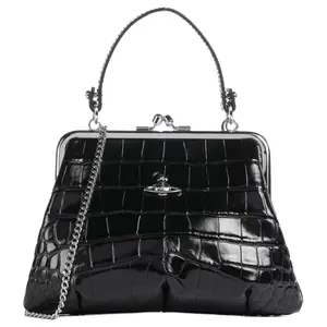 Vivienne Westwood Granny Frame Handbag for Women – Croc-Embossed Calfskin Crossbody and Shoulder Bag in Black
