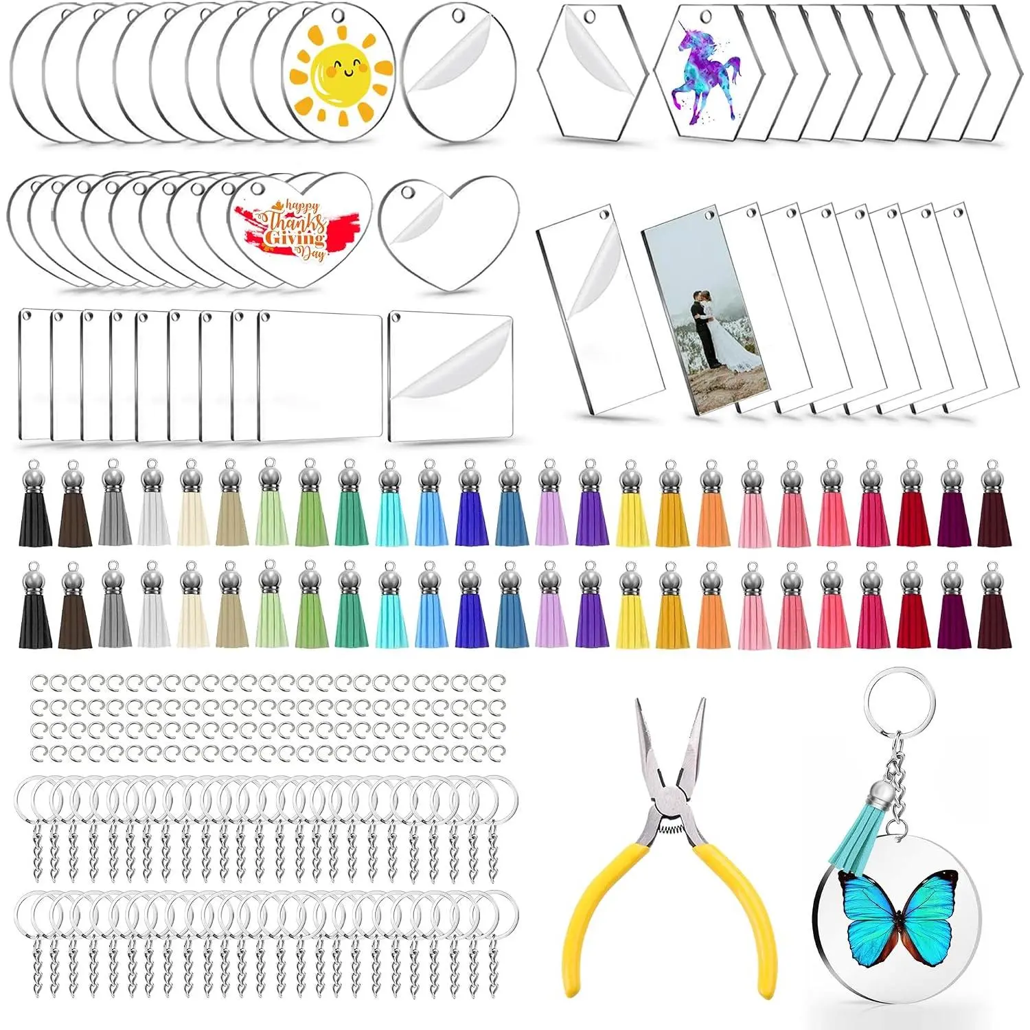 Engravable Synthetic Blank Keychains Bulk Pack (251 Count, 5 Shapes Including Round) - Transparent Blanks with Key Rings, Leather Tassels, Jump Rings, Craft Pliers for DIY Crafting, Ornaments