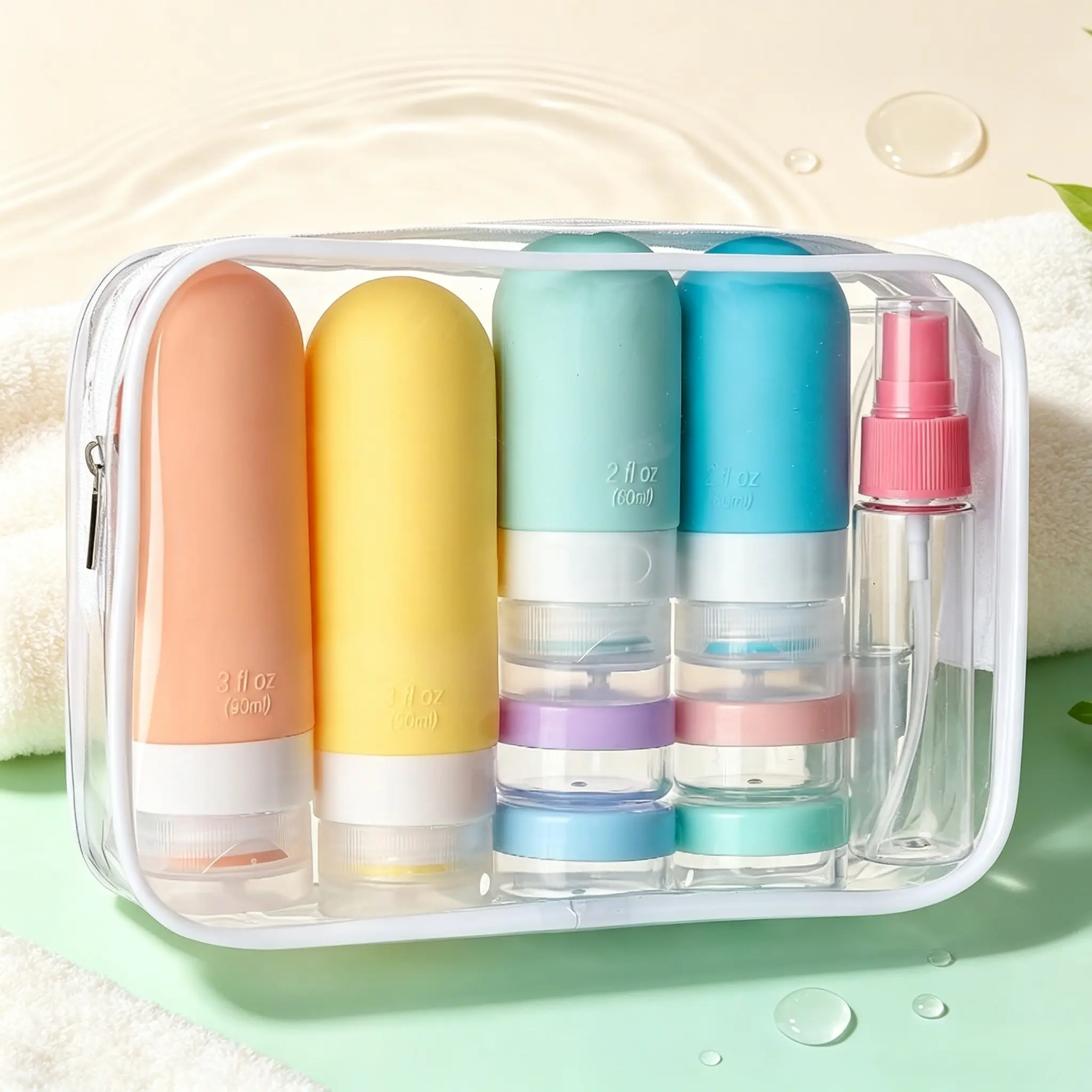 Girlish pastel macaron silicone travel bottle kit, soft squeeze refillable design for shampoo and lotion, comes with jars, spray bottles & accessories. Leakproof for flights & trains, portable toiletry containers for gym, camping and holiday trips.