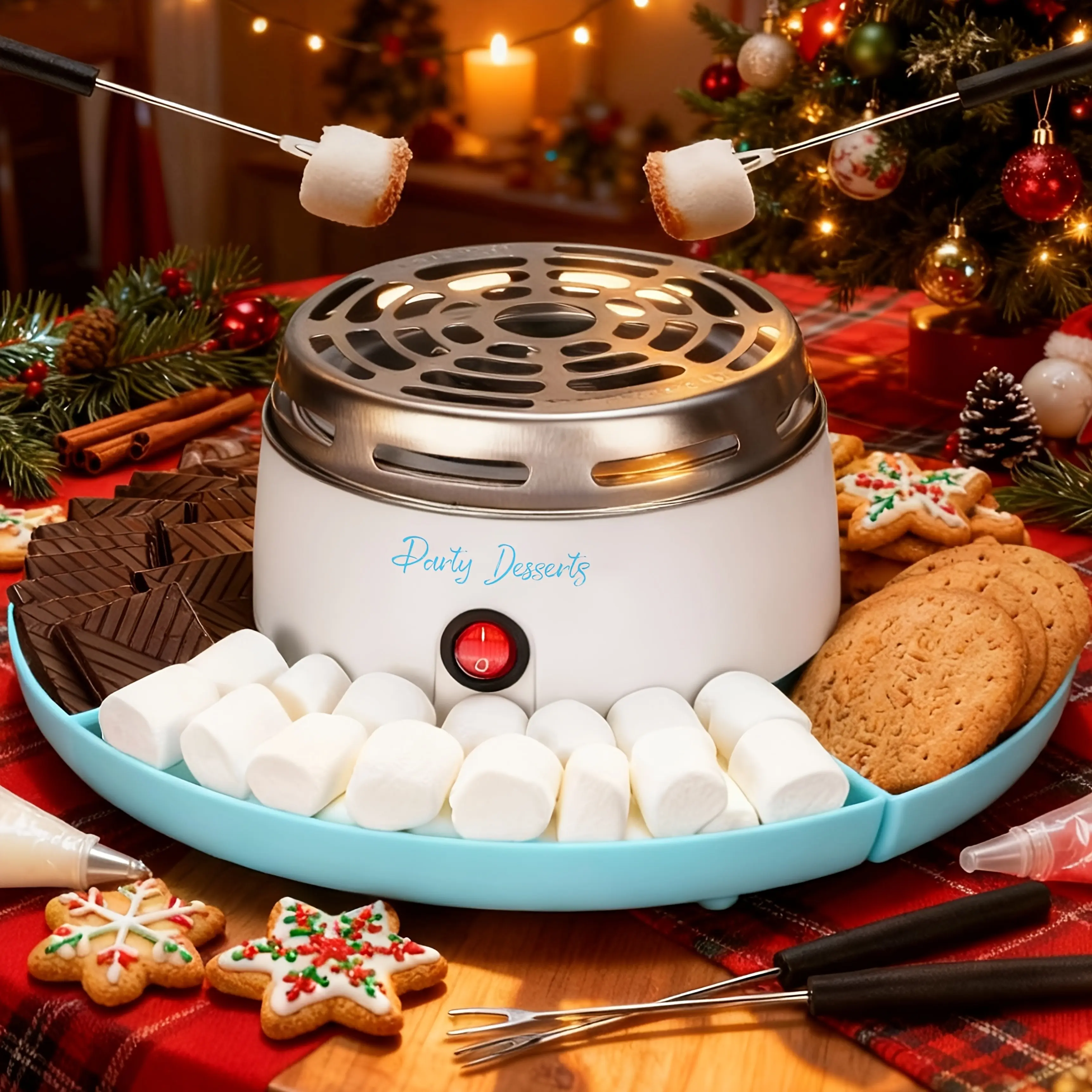 Electric S'mores Station, Indoor Tabletop Marshmallow Roaster Kit, 4 Compartment Trays & 4 Forks Included, Blue