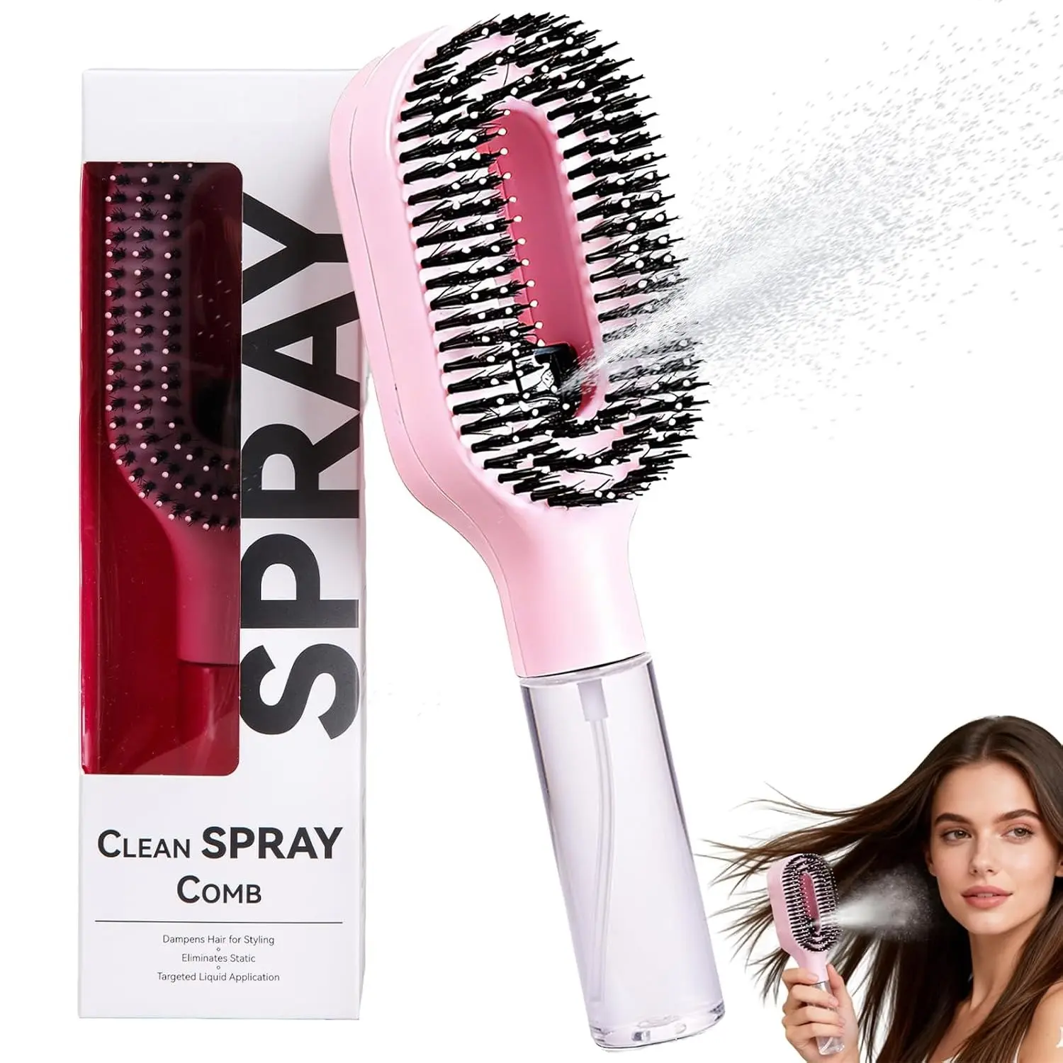 Spray Hair Brush with Fine Continuous Mist, 2 in 1 Detangling Spray Brush for Frizz Static Control, Water Spray Hair Brush for Dry Wet Tangled Flyaway Hair, Portable Anti-Frizz Styling Brush for Women Girls Travel Daily Use