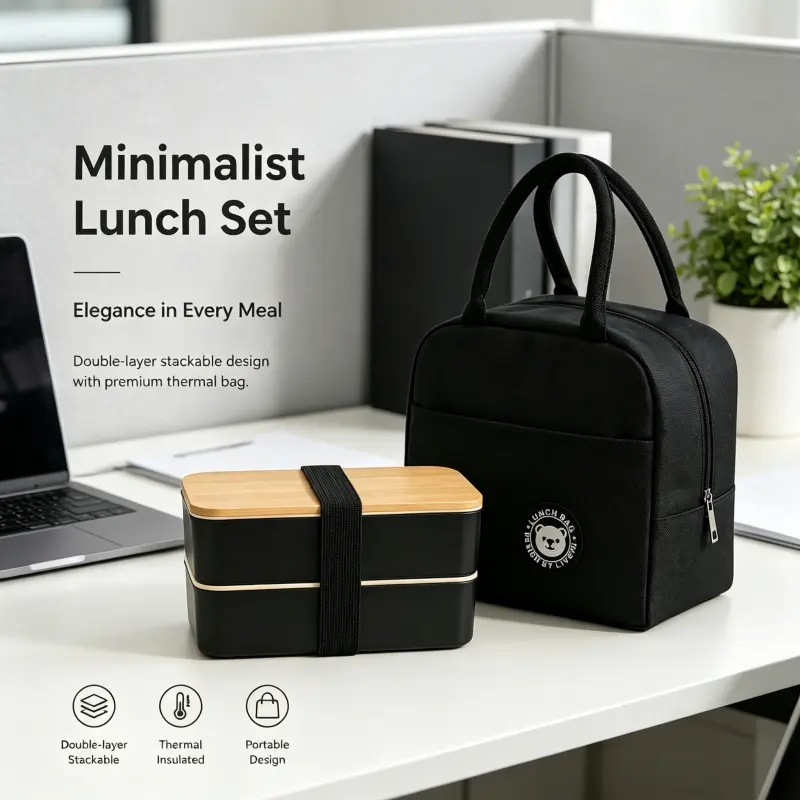 Minimalist Double Layer Stackable Bamboo Lid Lunch Box Set With Thermal Insulated Portable Lunch Bag Leakproof Food Container For Office School Travel