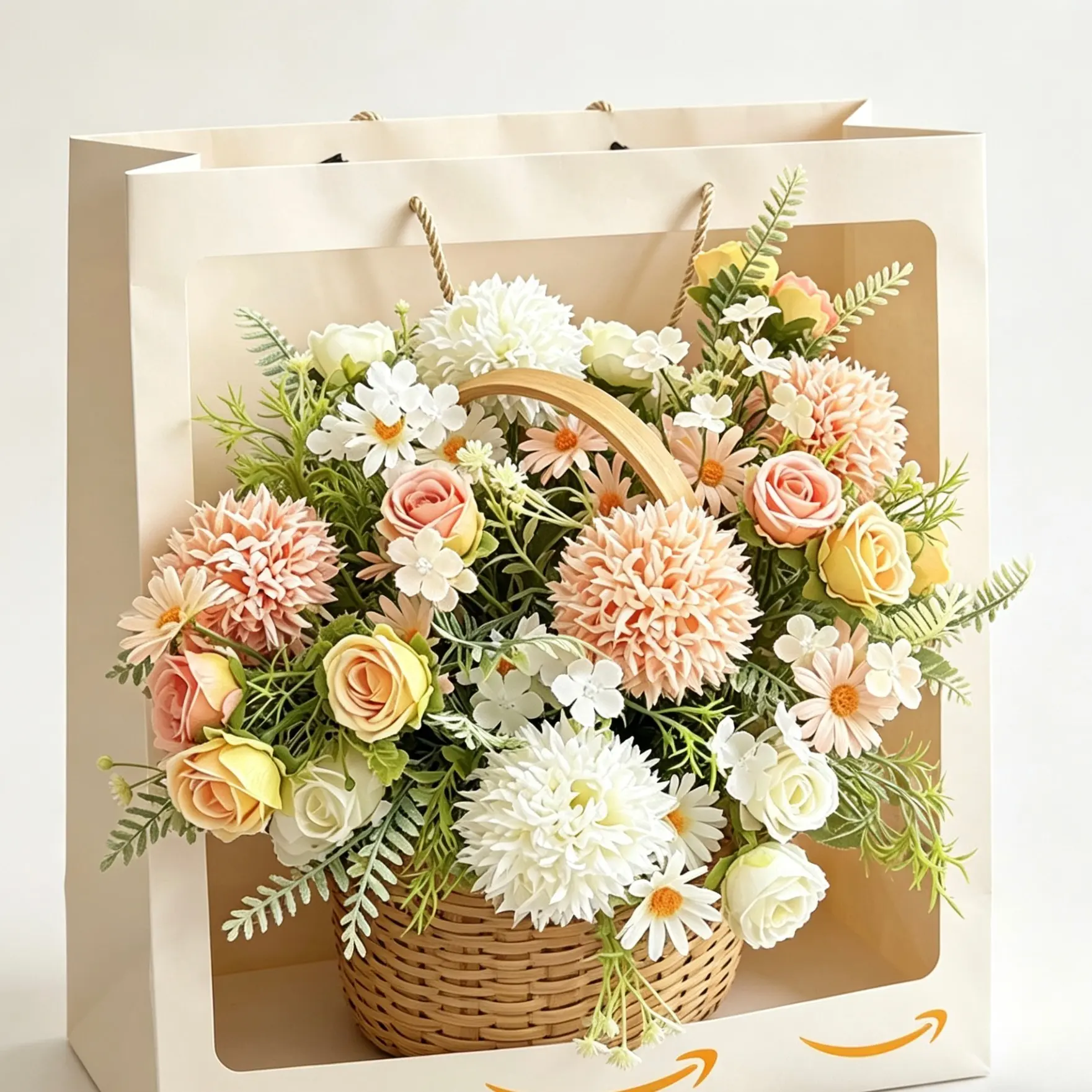 4-Piece Artificial Rose and Daisy Bouquet in Woven Basket, Elegant Fake Flower Gift Set with Paper Bag, Wedding Birthday Home Decor